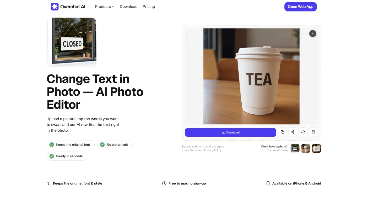 The finished image with the cup now reading TEA and a download button