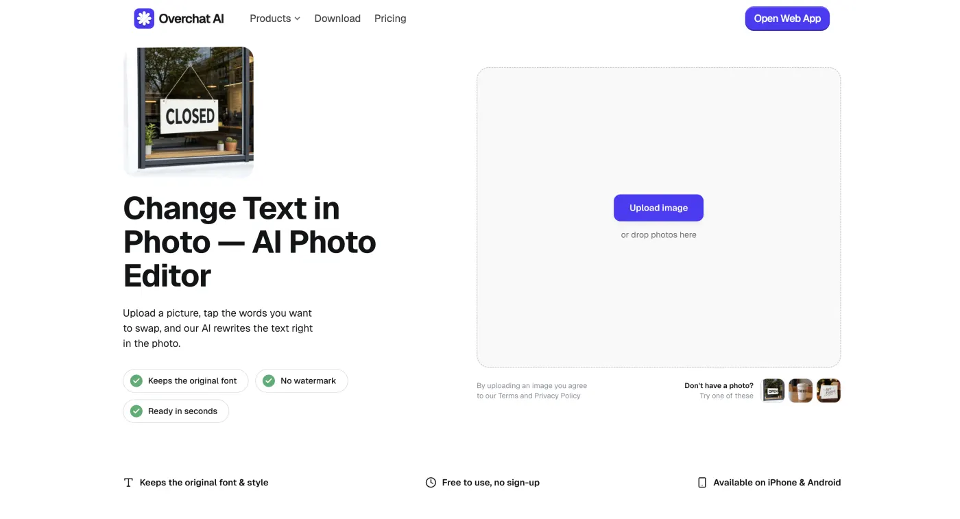 Overchat AI Change Text in Photo tool homepage with an upload box