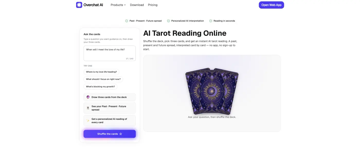 The Overchat AI tarot reader question box, with a typed question and starter suggestions