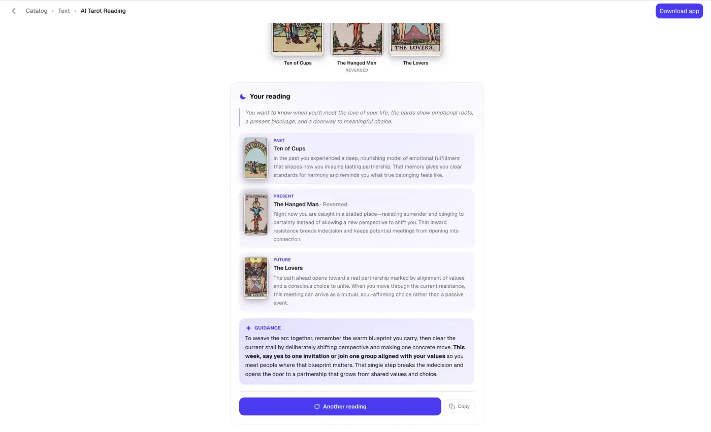 The finished AI tarot reading, interpreting each card and giving guidance