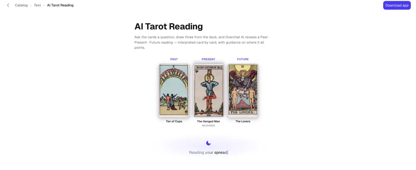 The Past, Present, Future spread showing Ten of Cups, The Hanged Man reversed, and The Lovers