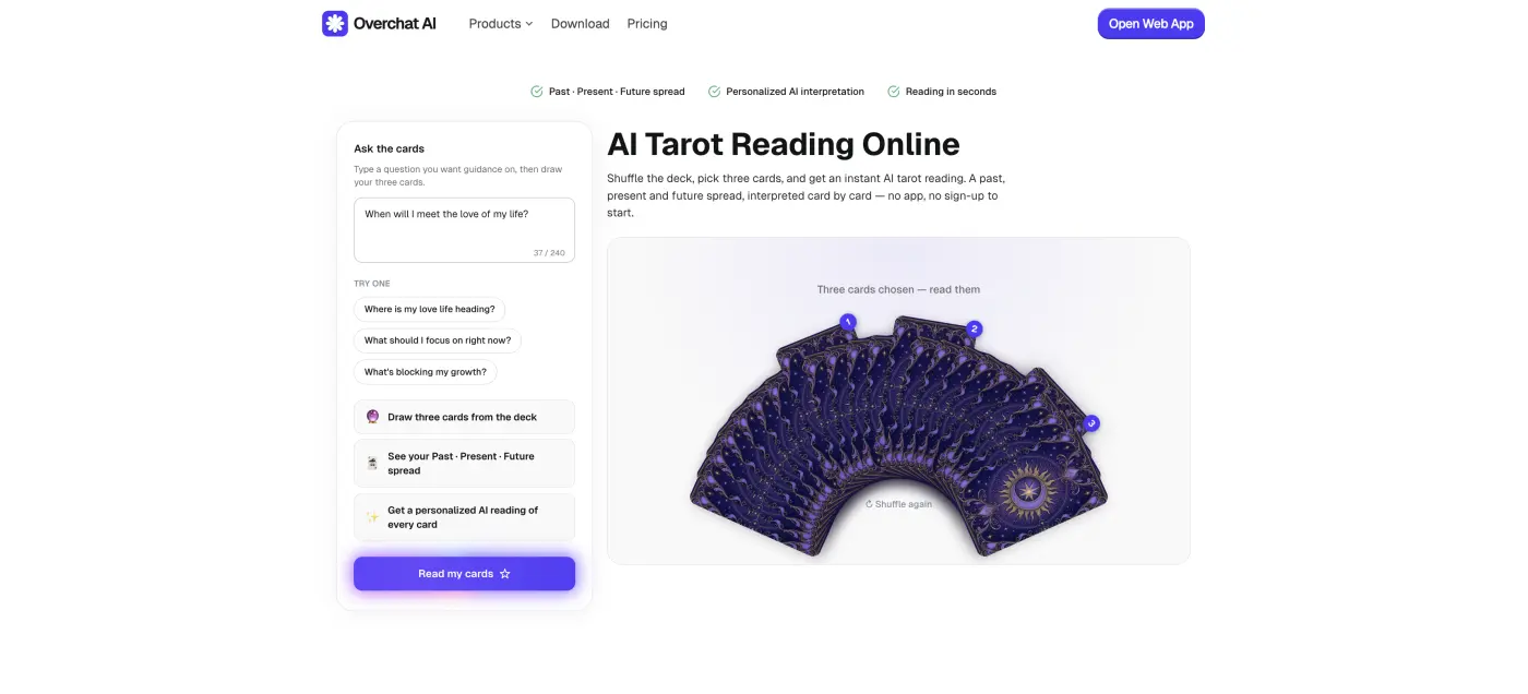 The shuffled tarot deck fanned out with three cards chosen
