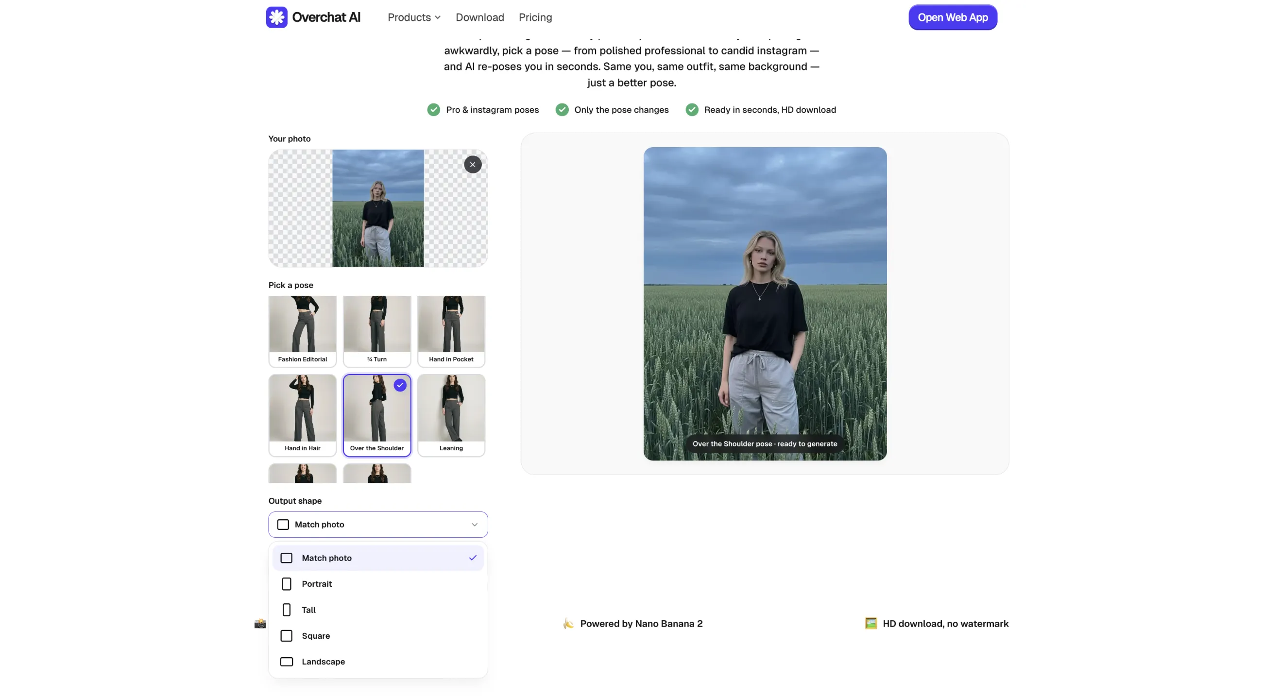 Choosing the output aspect ratio in the Overchat AI Pose Generator