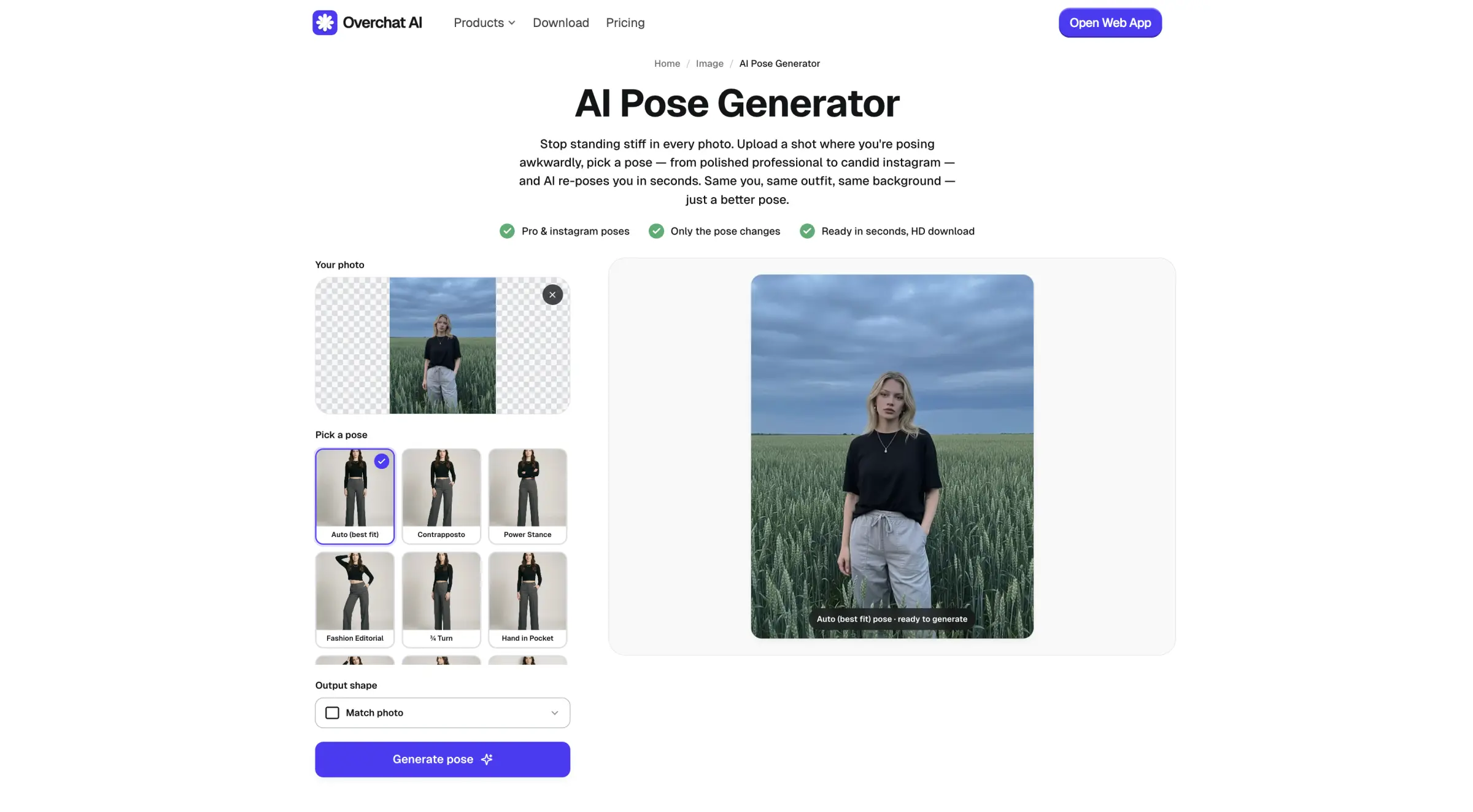 Picking a pose preset in the Overchat AI Pose Generator