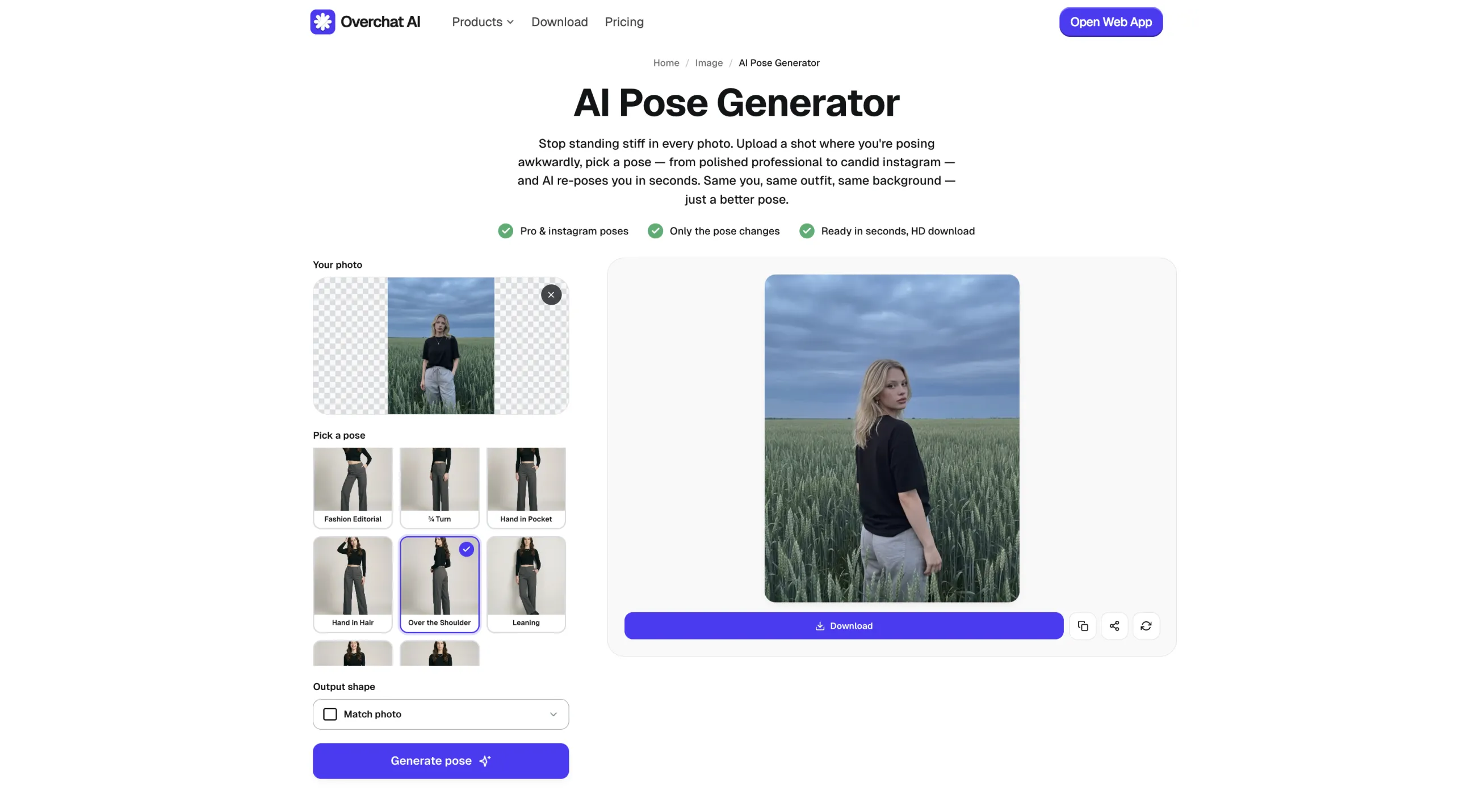 The reposed result ready to download in the Overchat AI Pose Generator