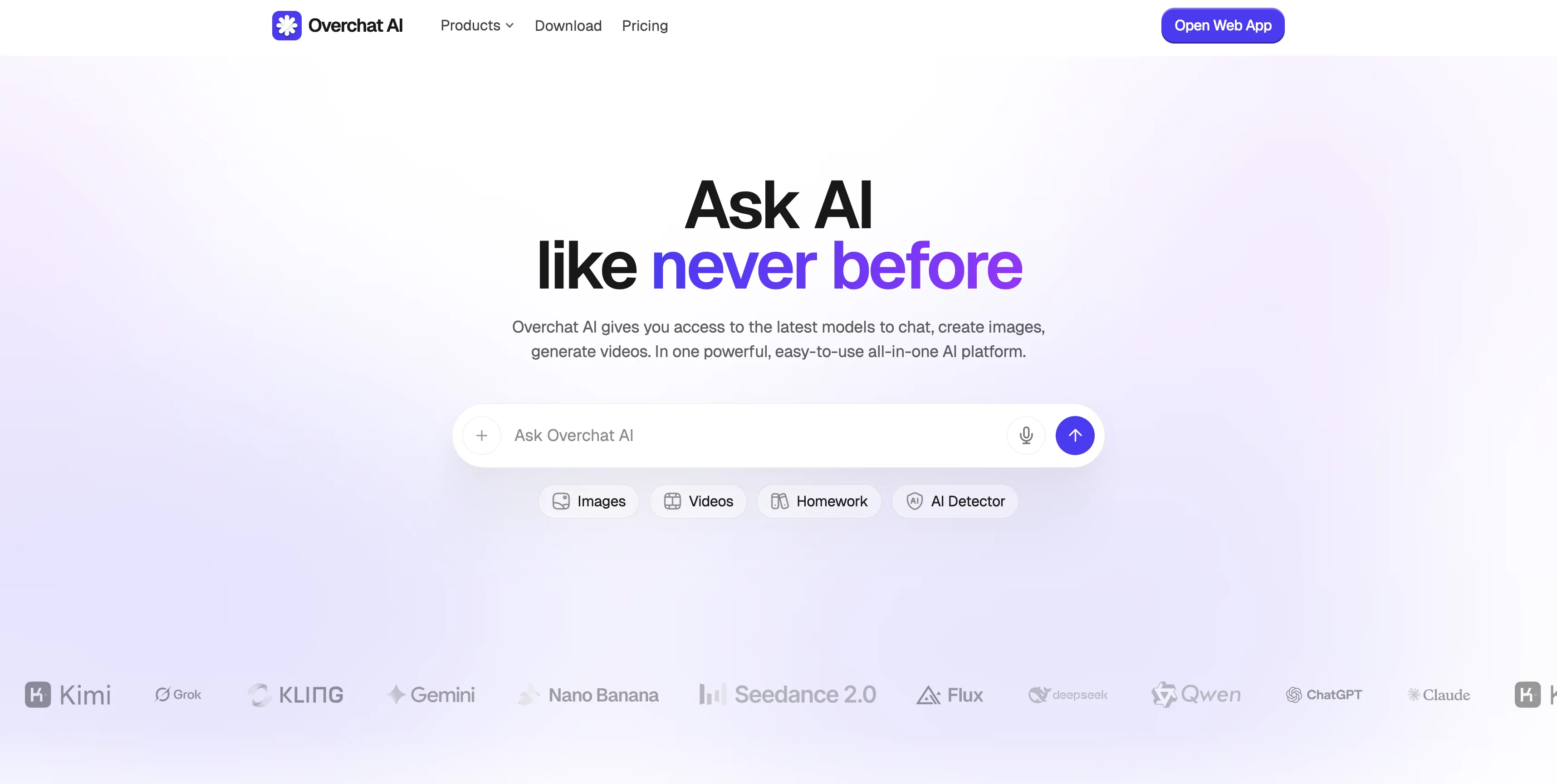 Overchat AI homepage