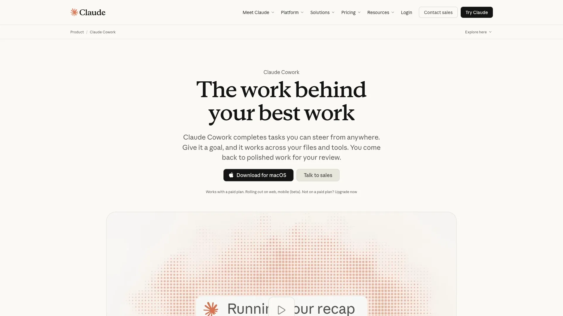 Claude Cowork product page showing Claude completing multi-step tasks across your files and tools