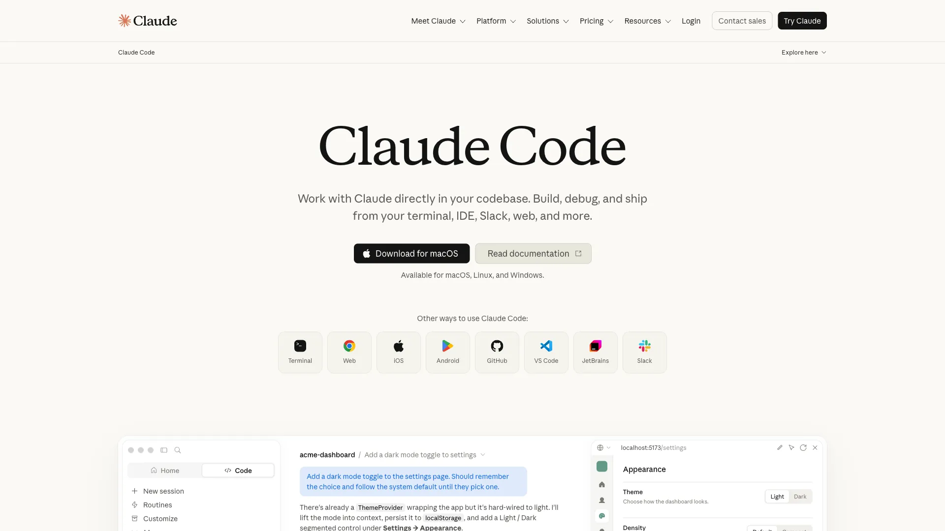 Claude Code product page showing Claude working across terminal, IDE, and Slack