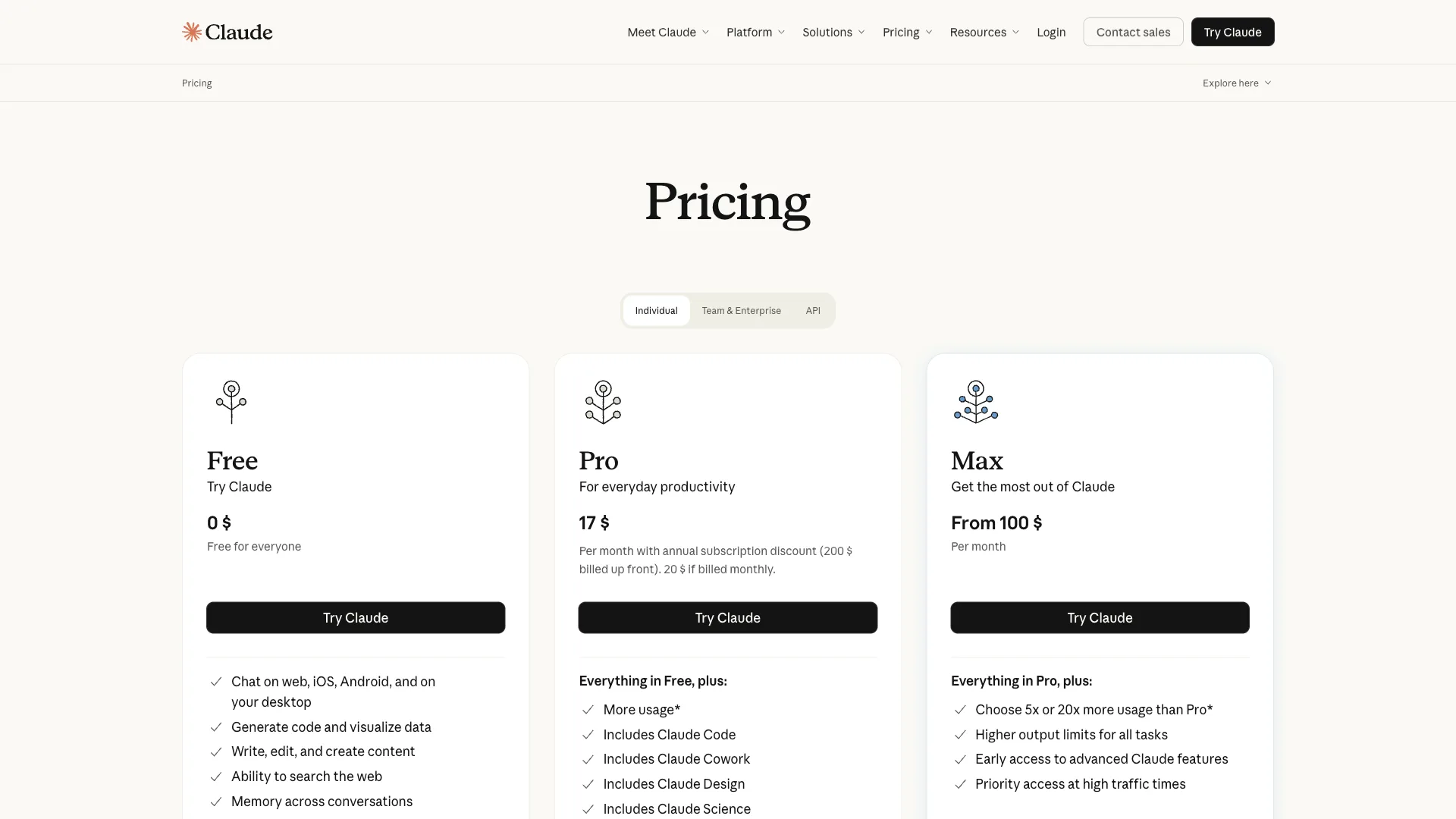 Claude pricing page showing the Free, Pro, and Max plans