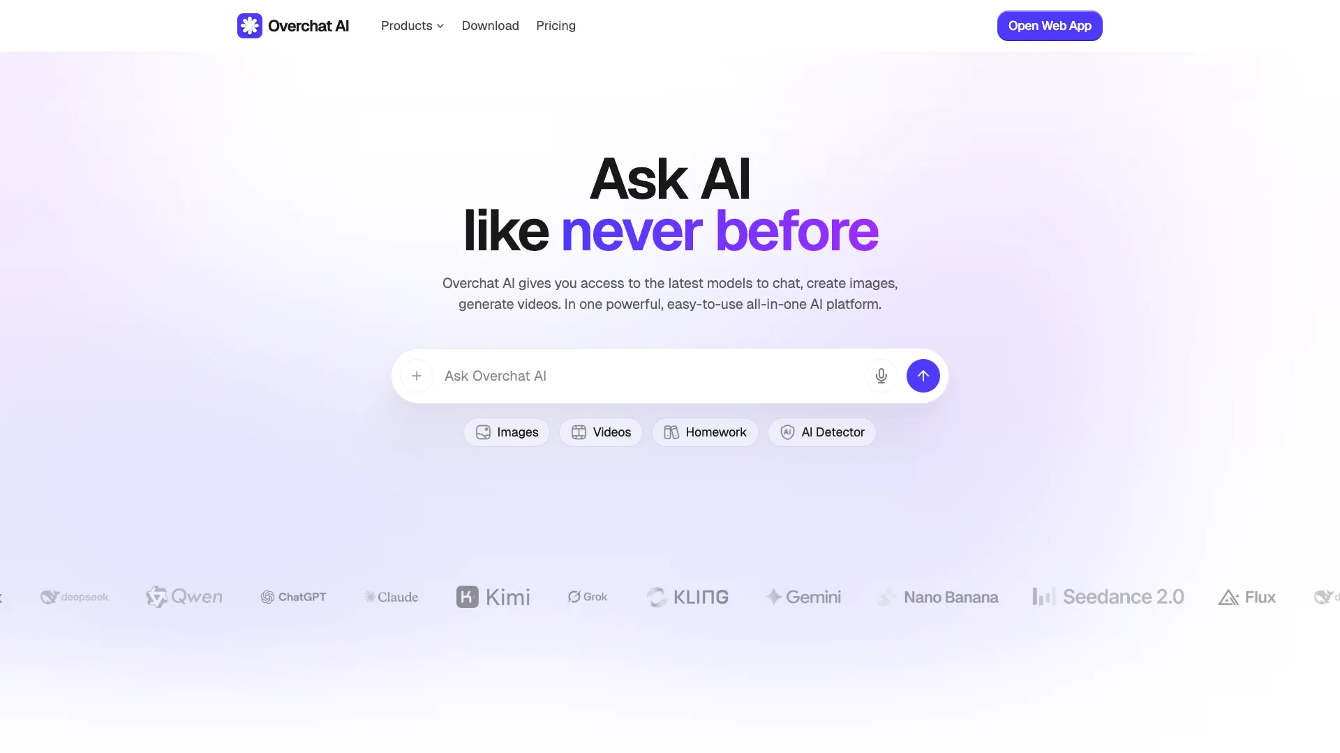 Overchat AI homepage showing access to Claude, Gemini, and other AI models in one app