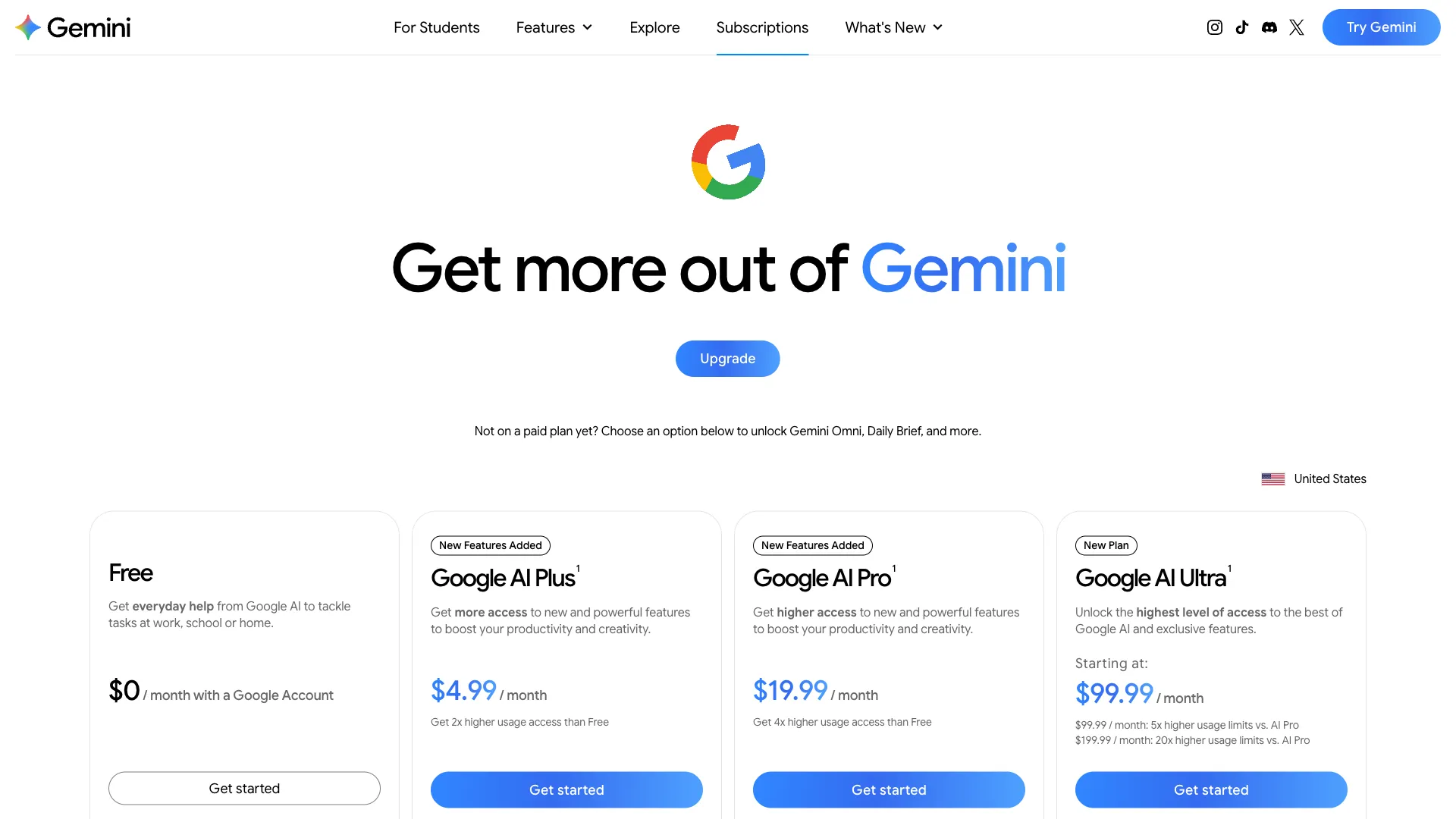Google Gemini subscriptions page showing Free, AI Plus, AI Pro, and AI Ultra plans