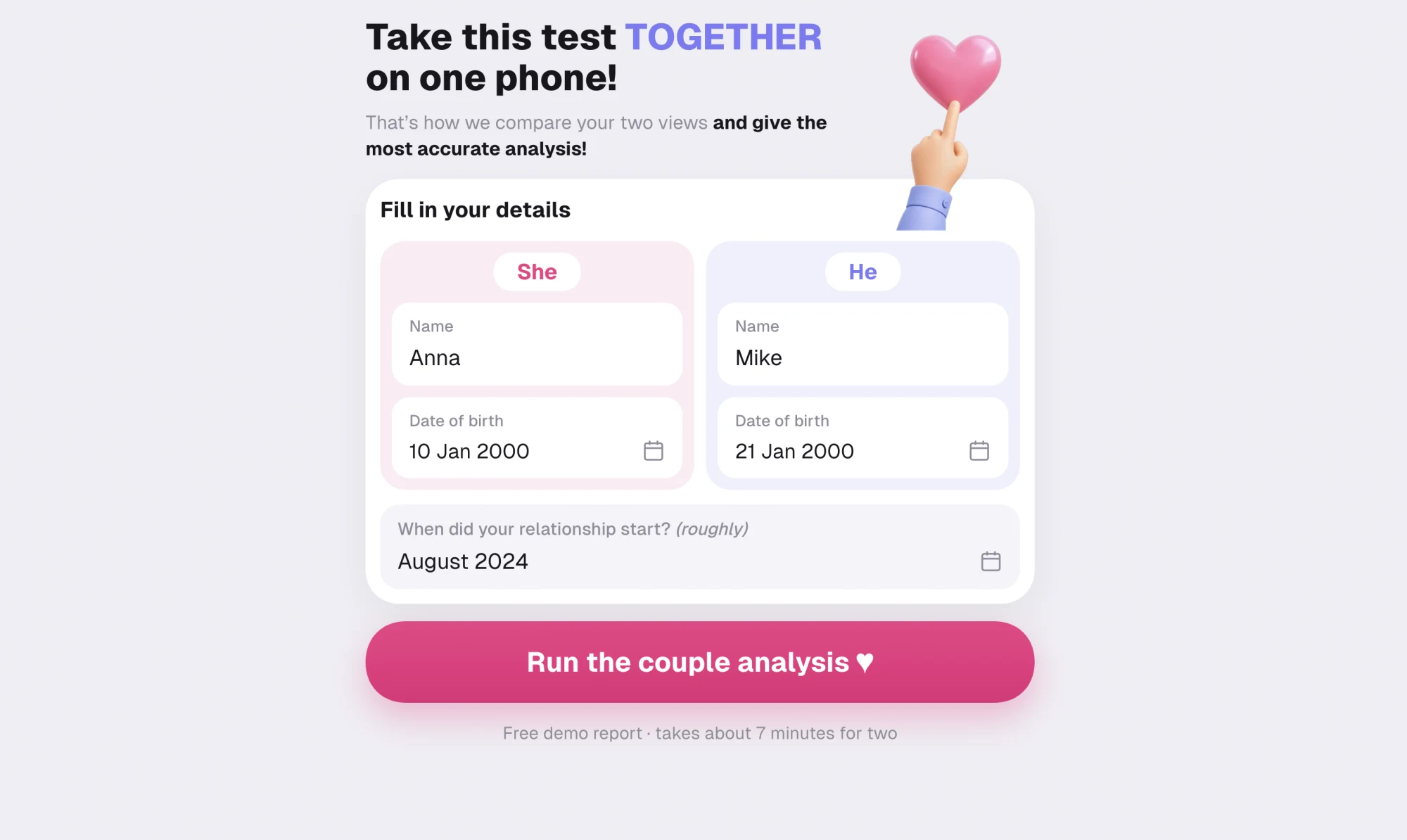 Overchat AI Compatibility Test start screen with fields for both partners' names and birth dates