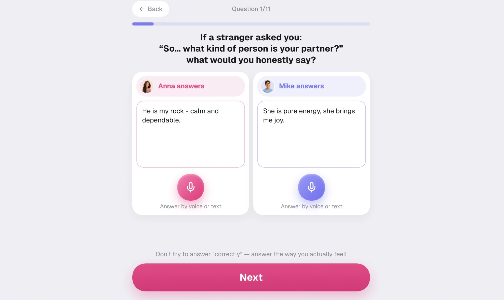 Open-ended question screen with a separate answer box for each partner