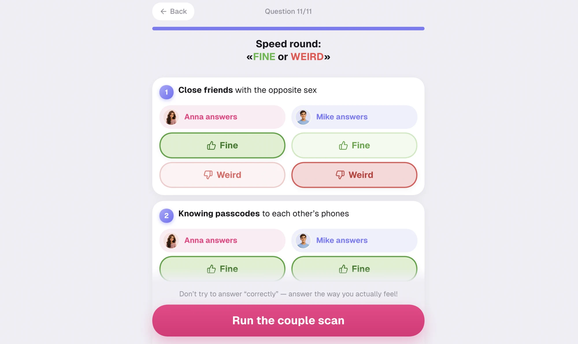 Speed round screen where each partner taps Fine or Weird for a list of boundary scenarios