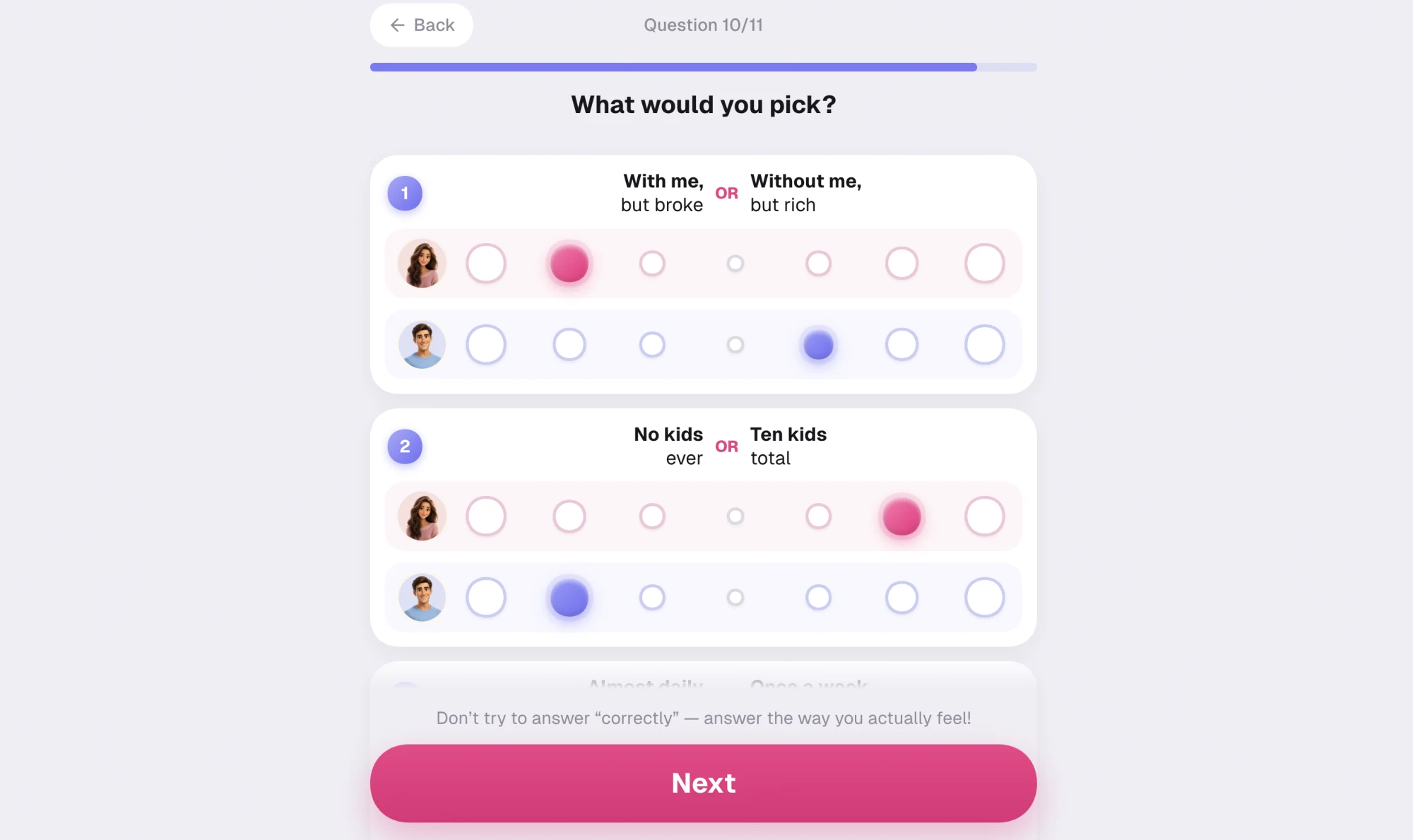 Would-you-rather screen with seven-point sliders and a separate row for each partner
