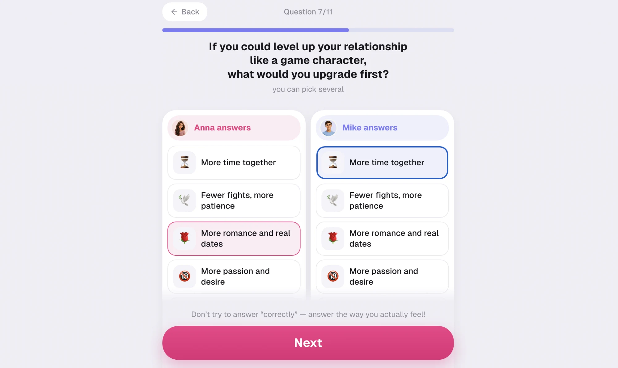 Multiple-choice screen asking what you would upgrade first in your relationship