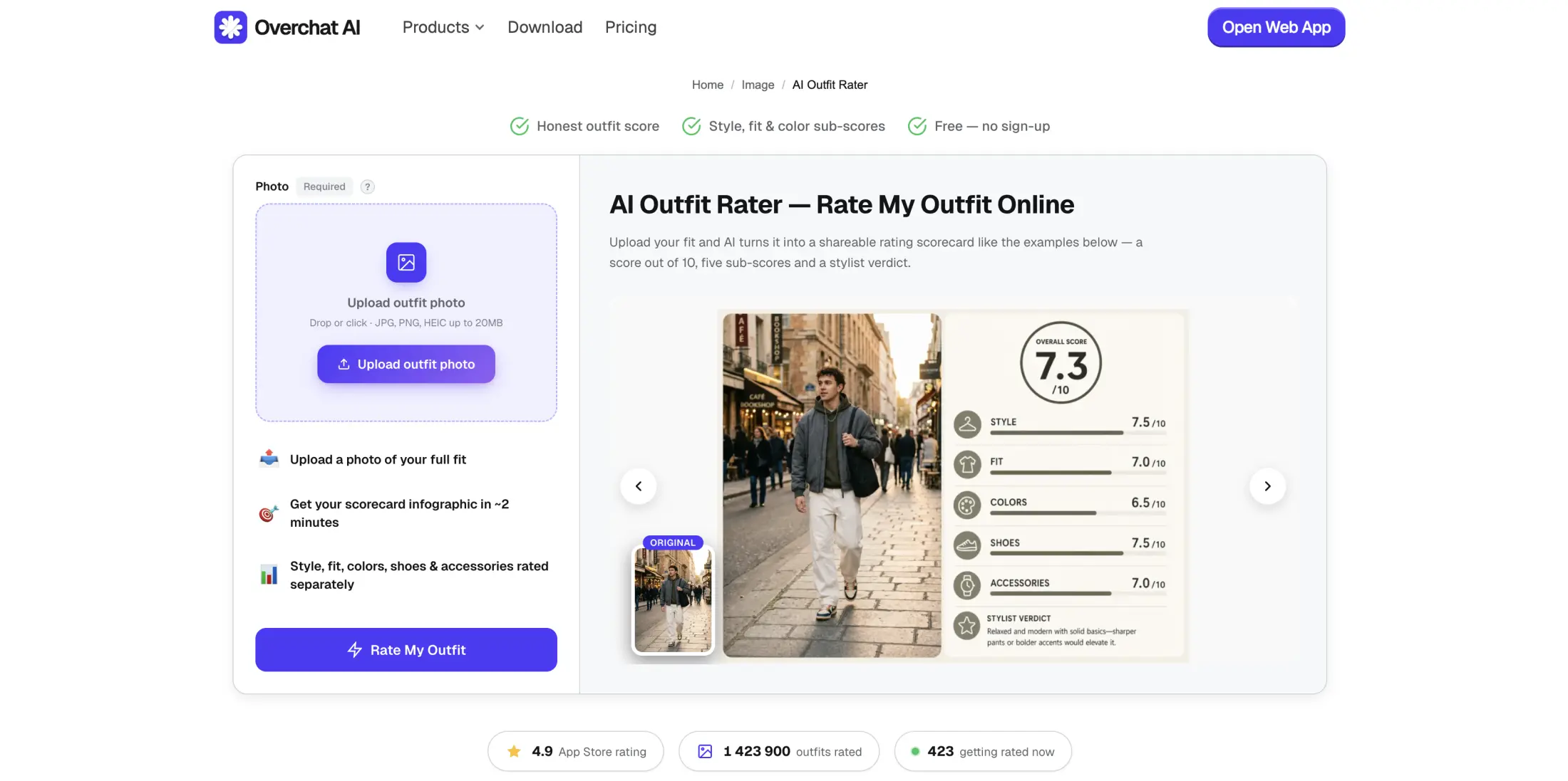 Overchat AI Outfit Rater web page