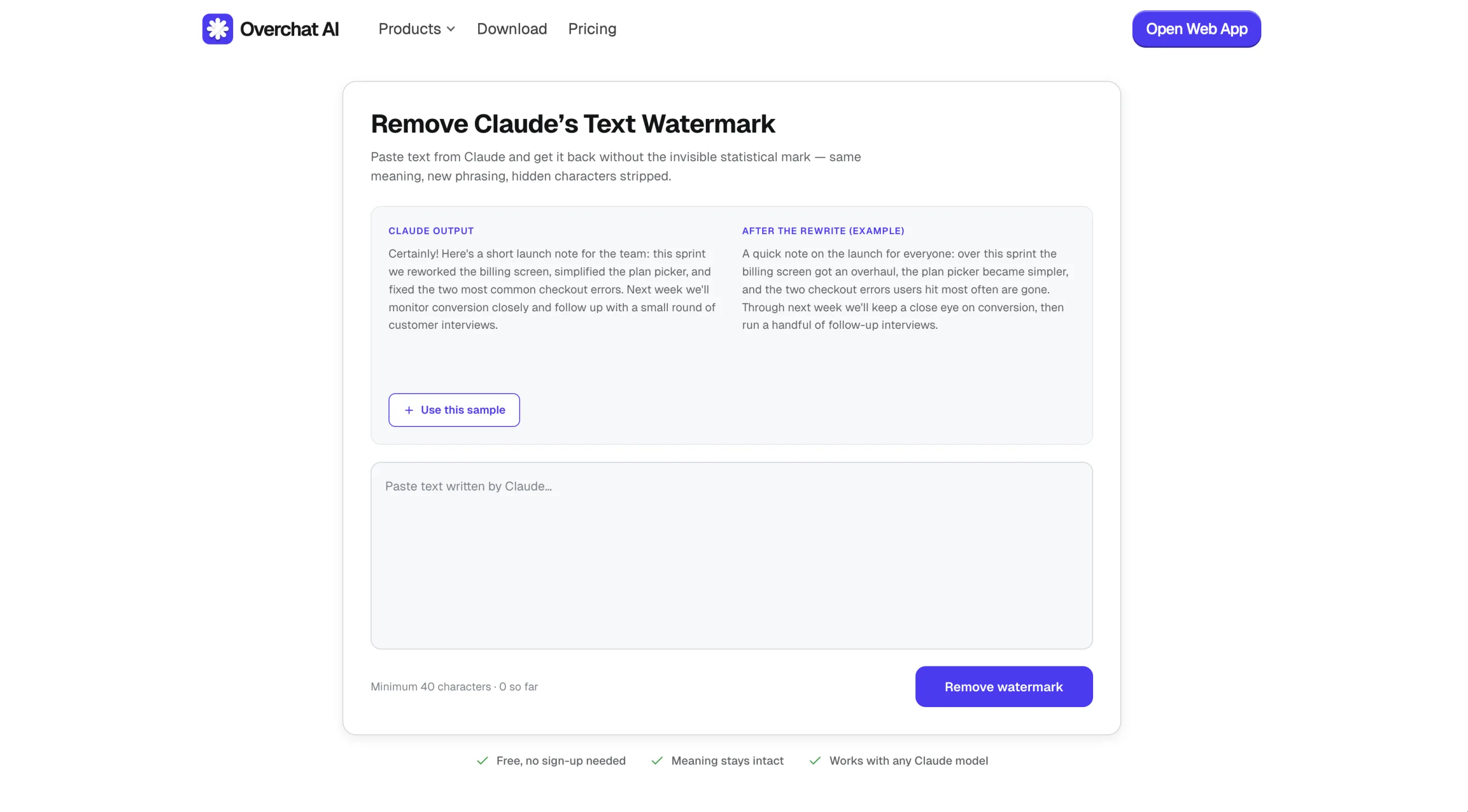 Claude Watermark Remover before text is entered, showing the sample passage, input field, and Remove watermark button
