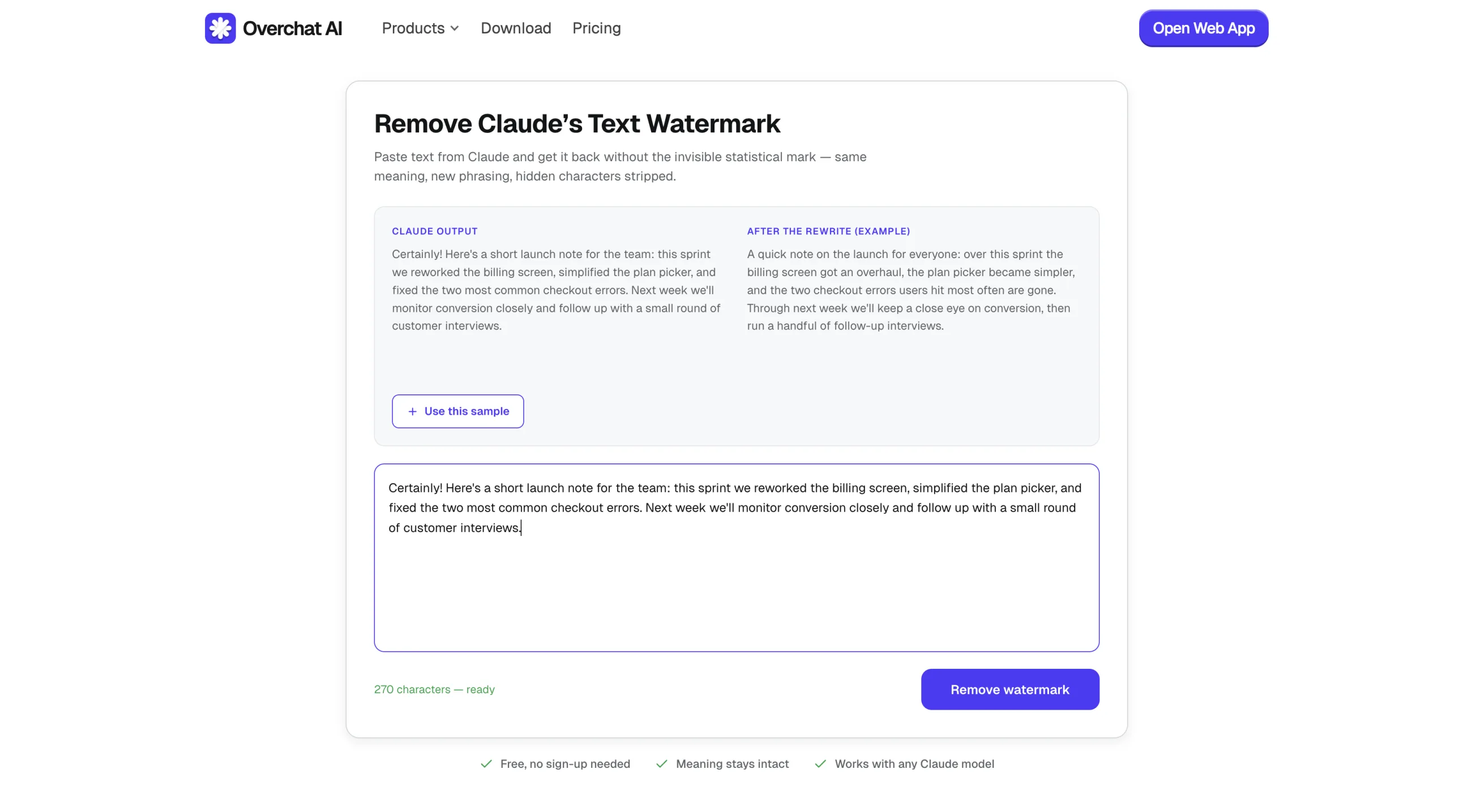 Claude Watermark Remover with a 270-character sample loaded and ready to process