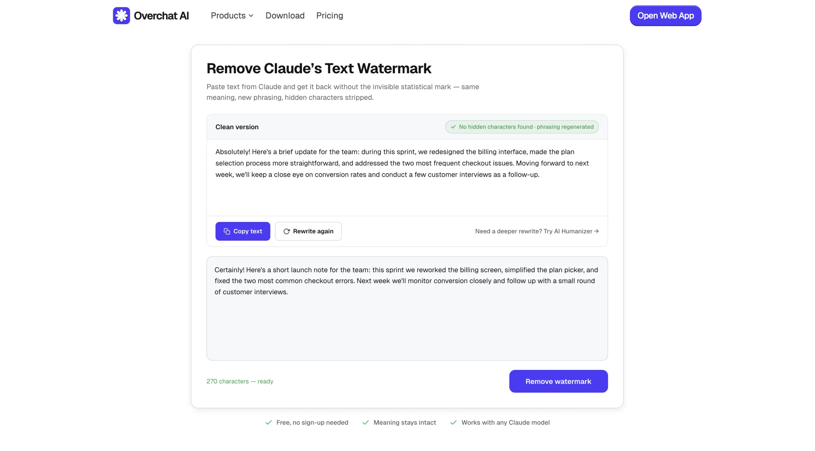 Claude Watermark Remover result showing a clean rewritten version, the status message, and Copy text and Rewrite again controls