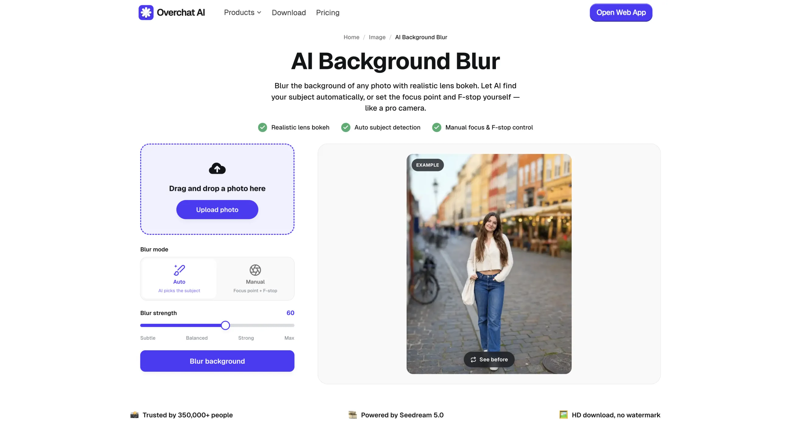 Overchat AI Background Blur tool open in a browser