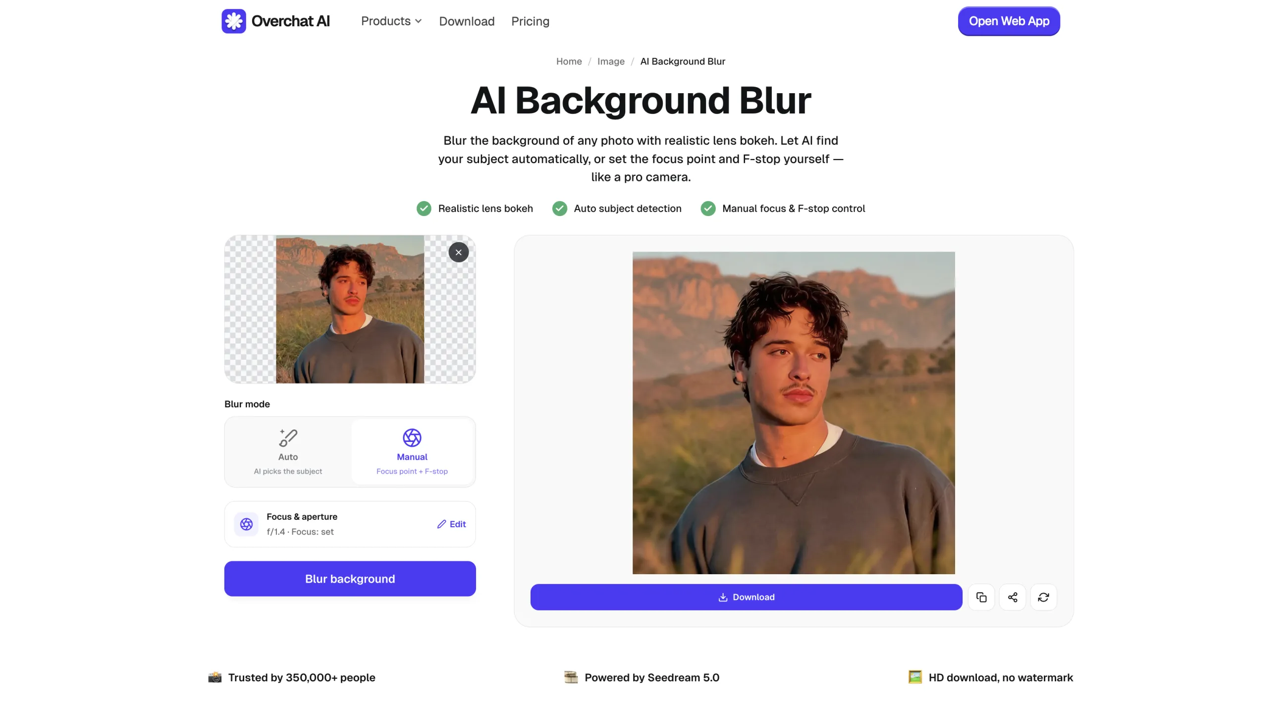 Finished portrait with an AI-generated background blur and download controls