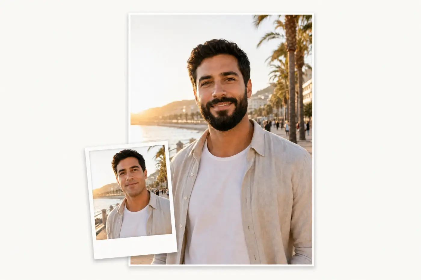 A clean-shaven portrait and the same person with a full beard generated by Overchat AI