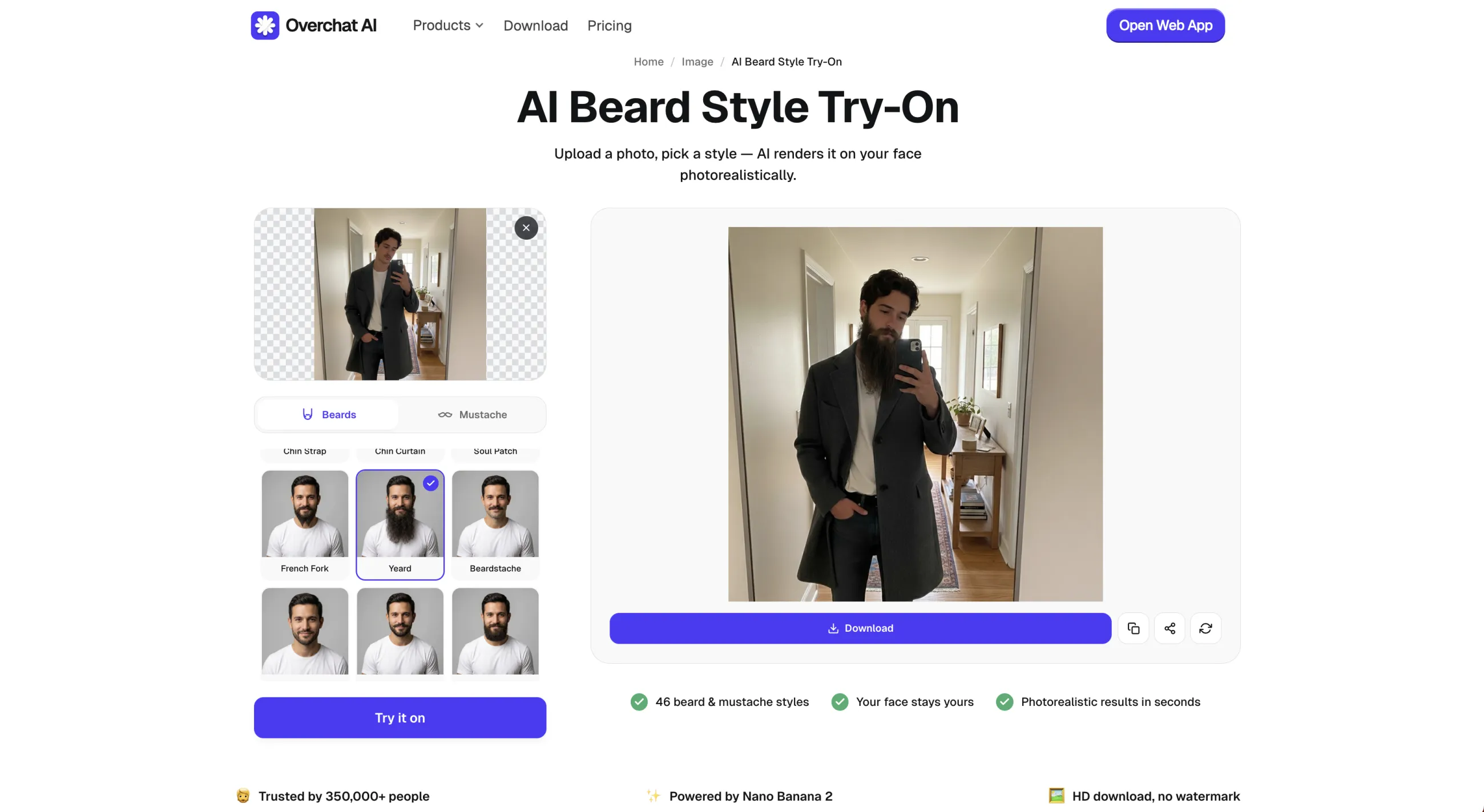 A completed AI beard try-on with download and sharing controls
