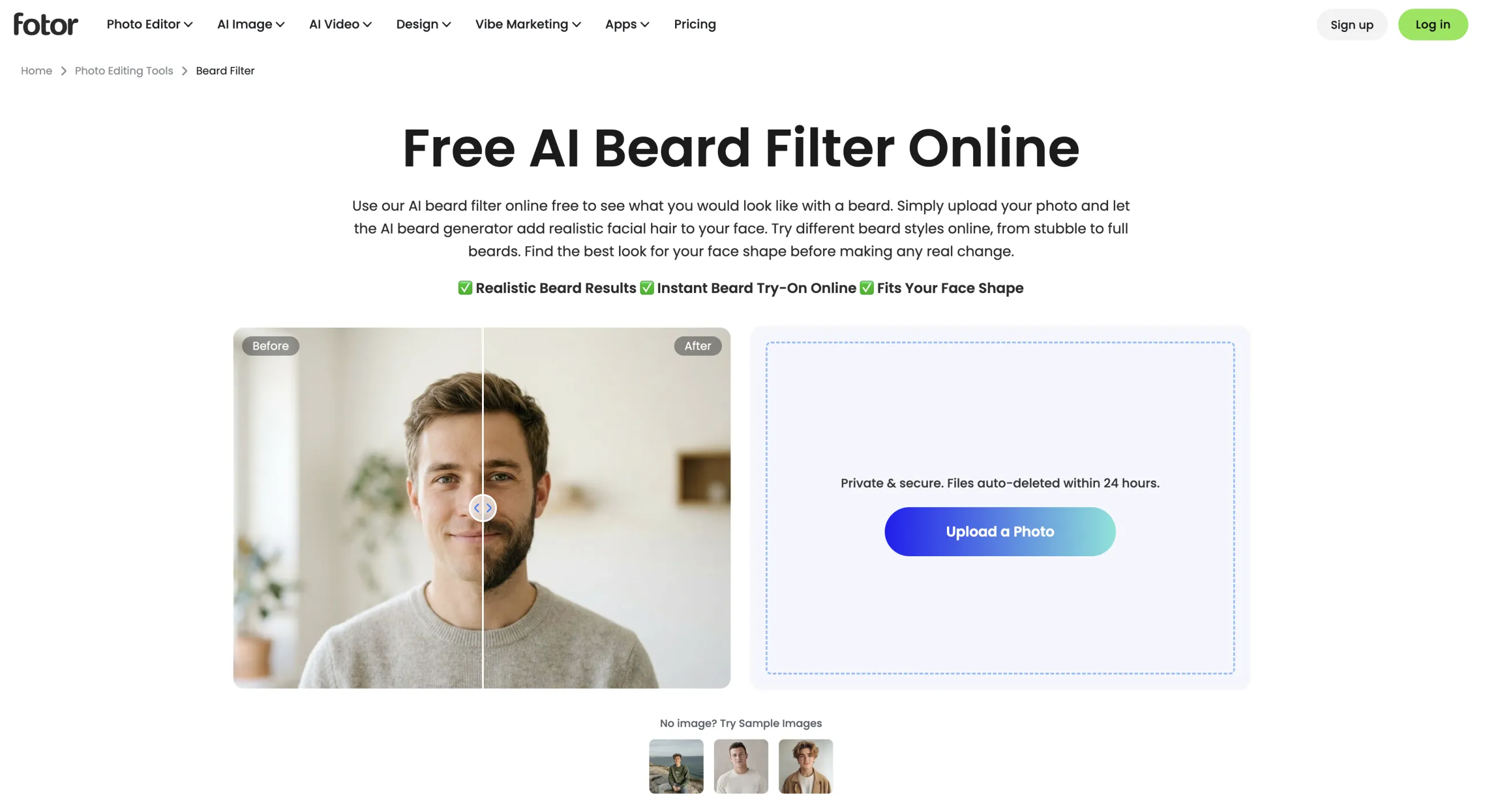 Fotor AI Beard Filter upload page and before-and-after example