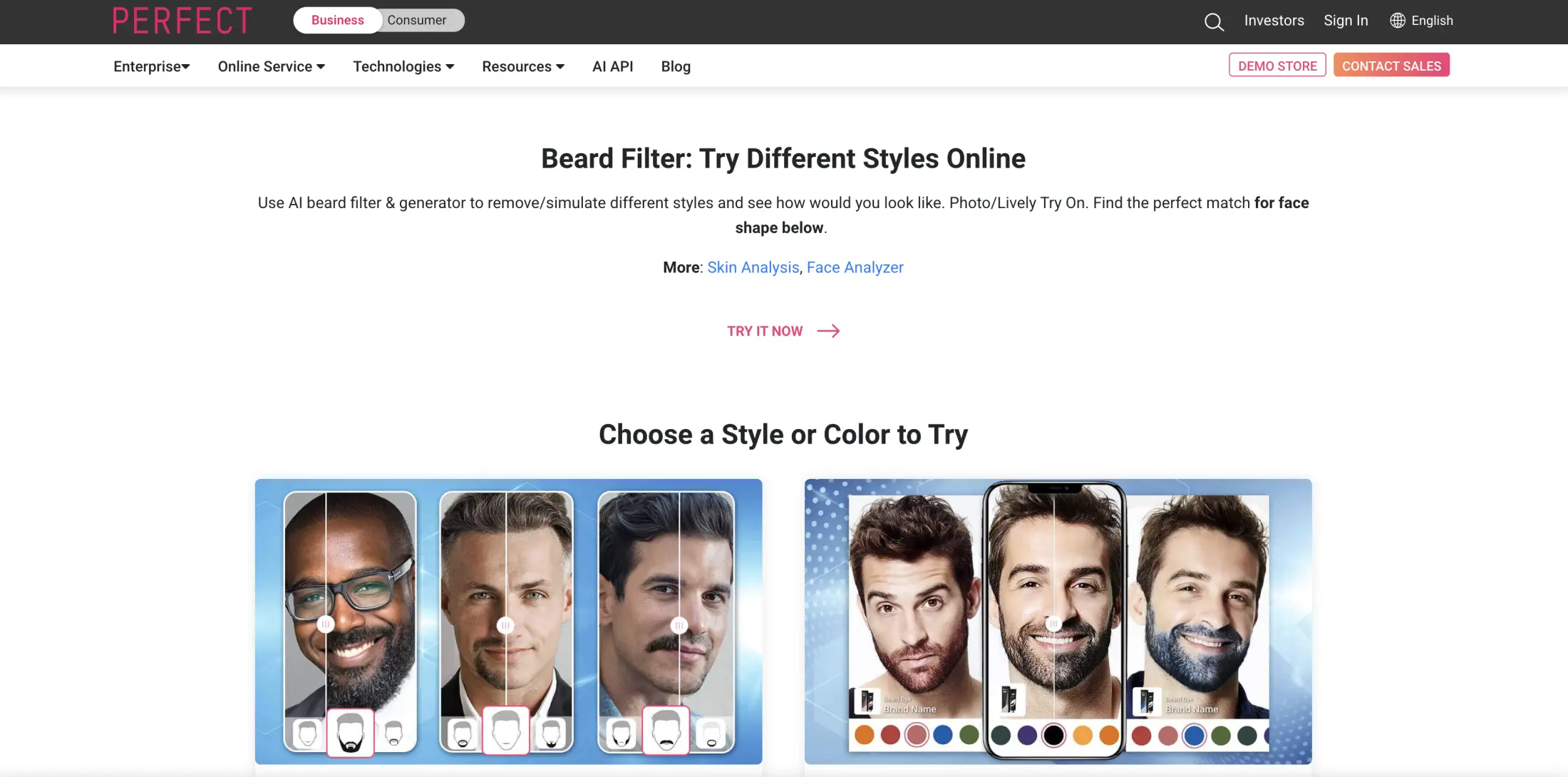 Perfect Corp Beard Filter showing beard style and color options