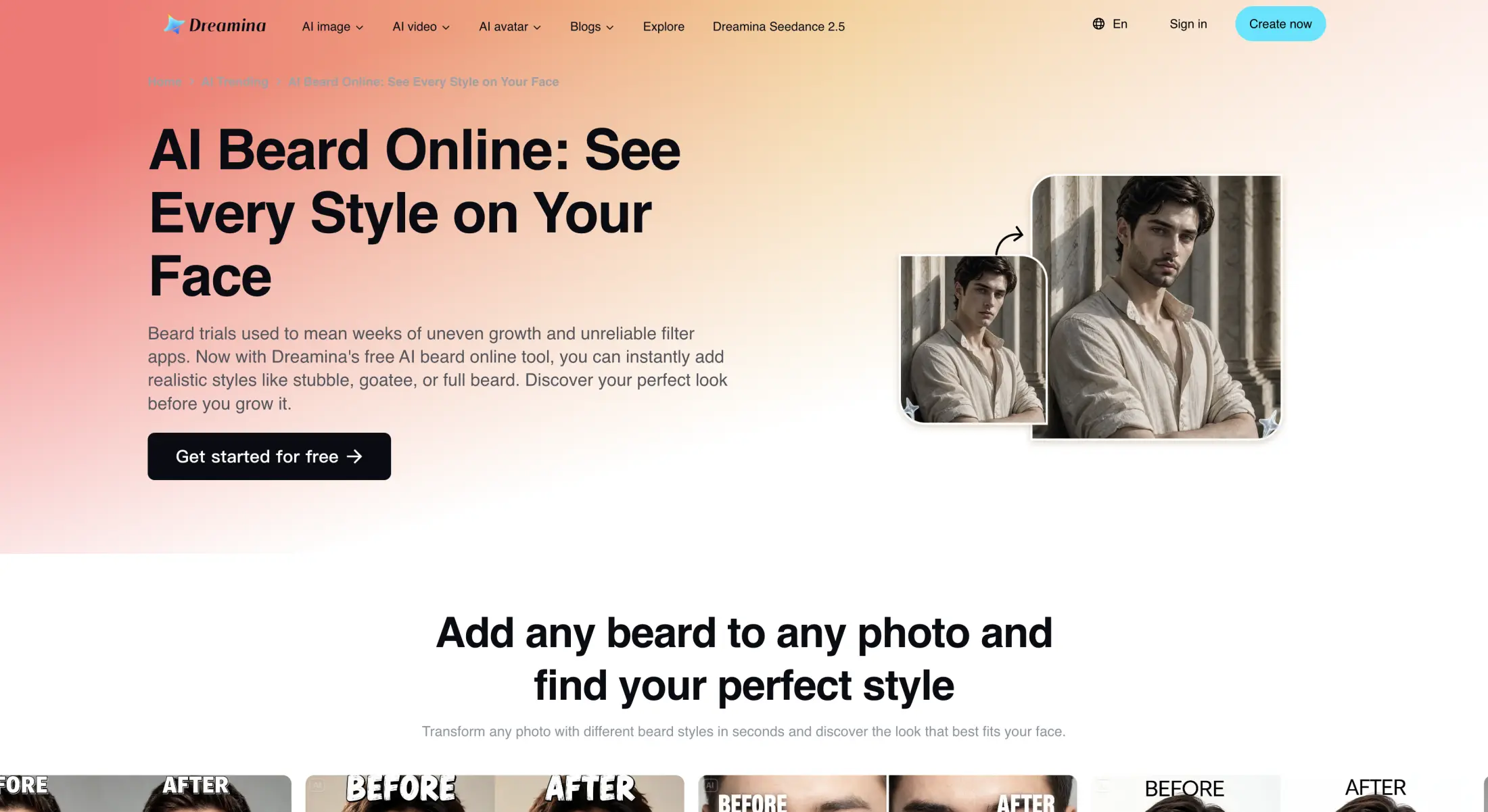 Dreamina AI Beard Online landing page with a beard transformation example