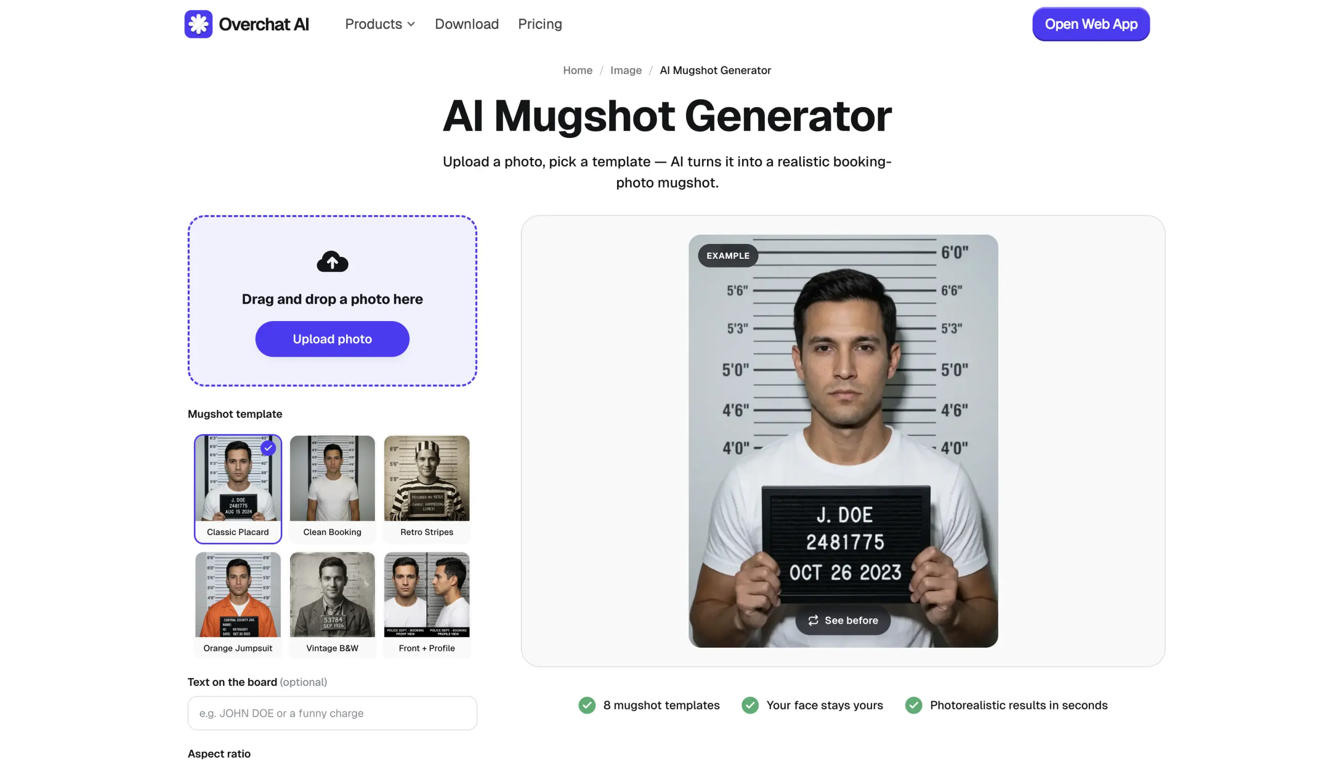 Overchat AI Mugshot Generator with eight mugshot templates