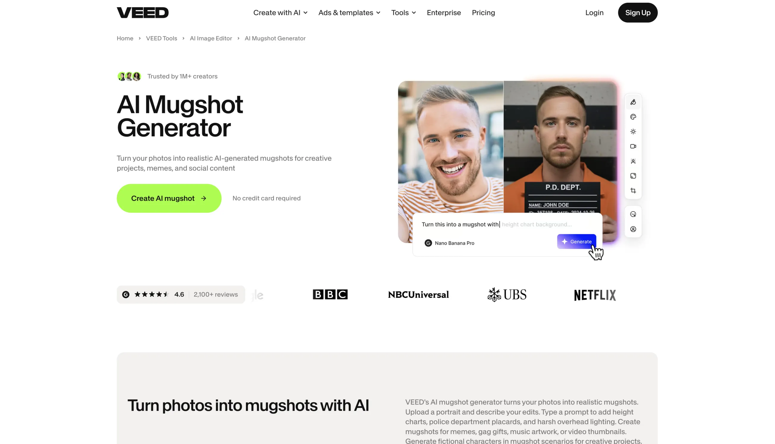 VEED AI Mugshot Generator inside the video editor