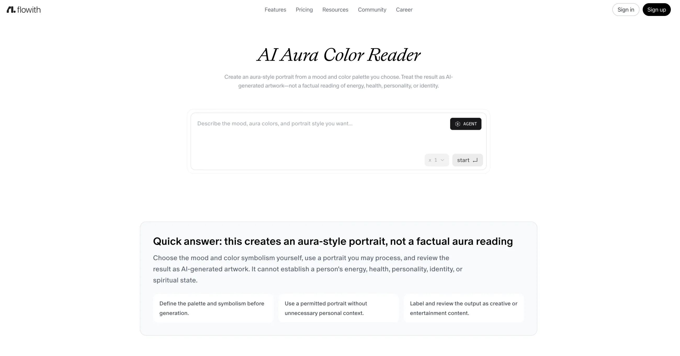 Flowith AI Aura Color Reader tool page