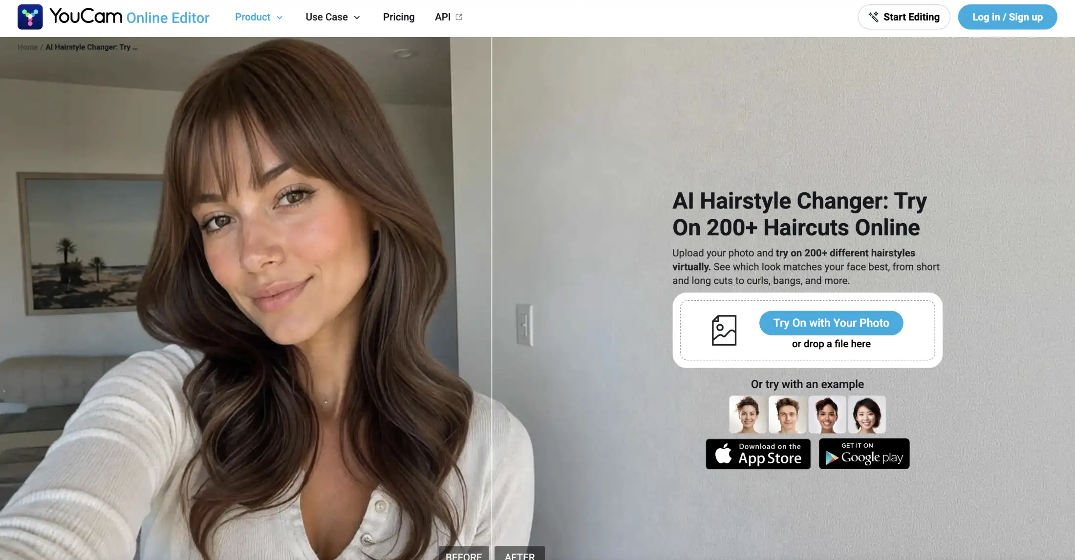 YouCam AI hairstyle generator page