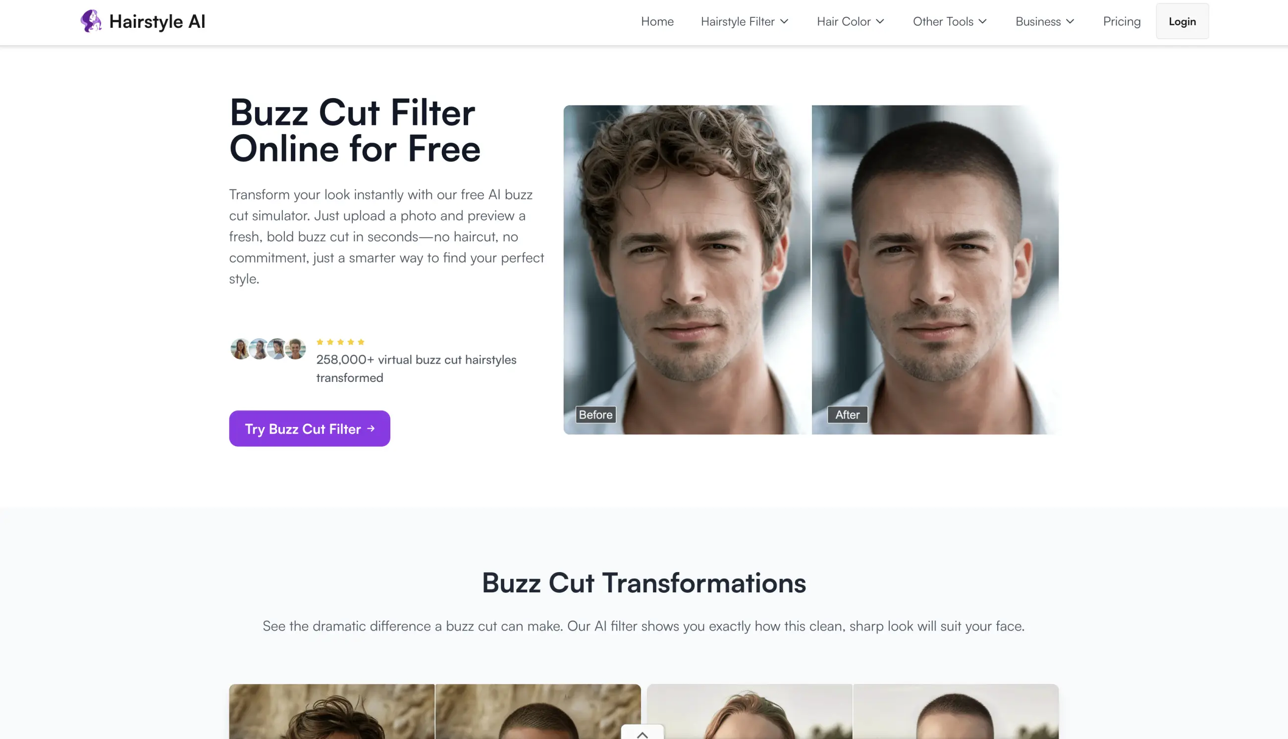 Hairstyle AI buzz cut filter page