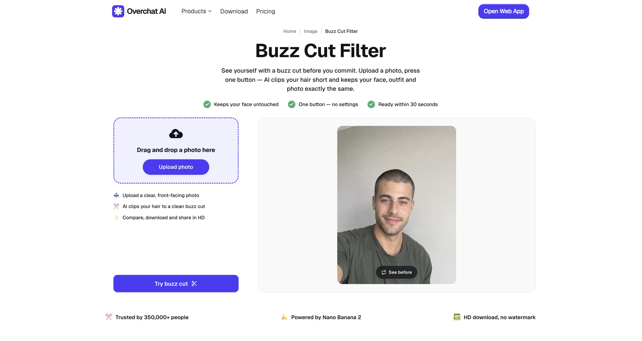 Overchat AI buzz cut filter page