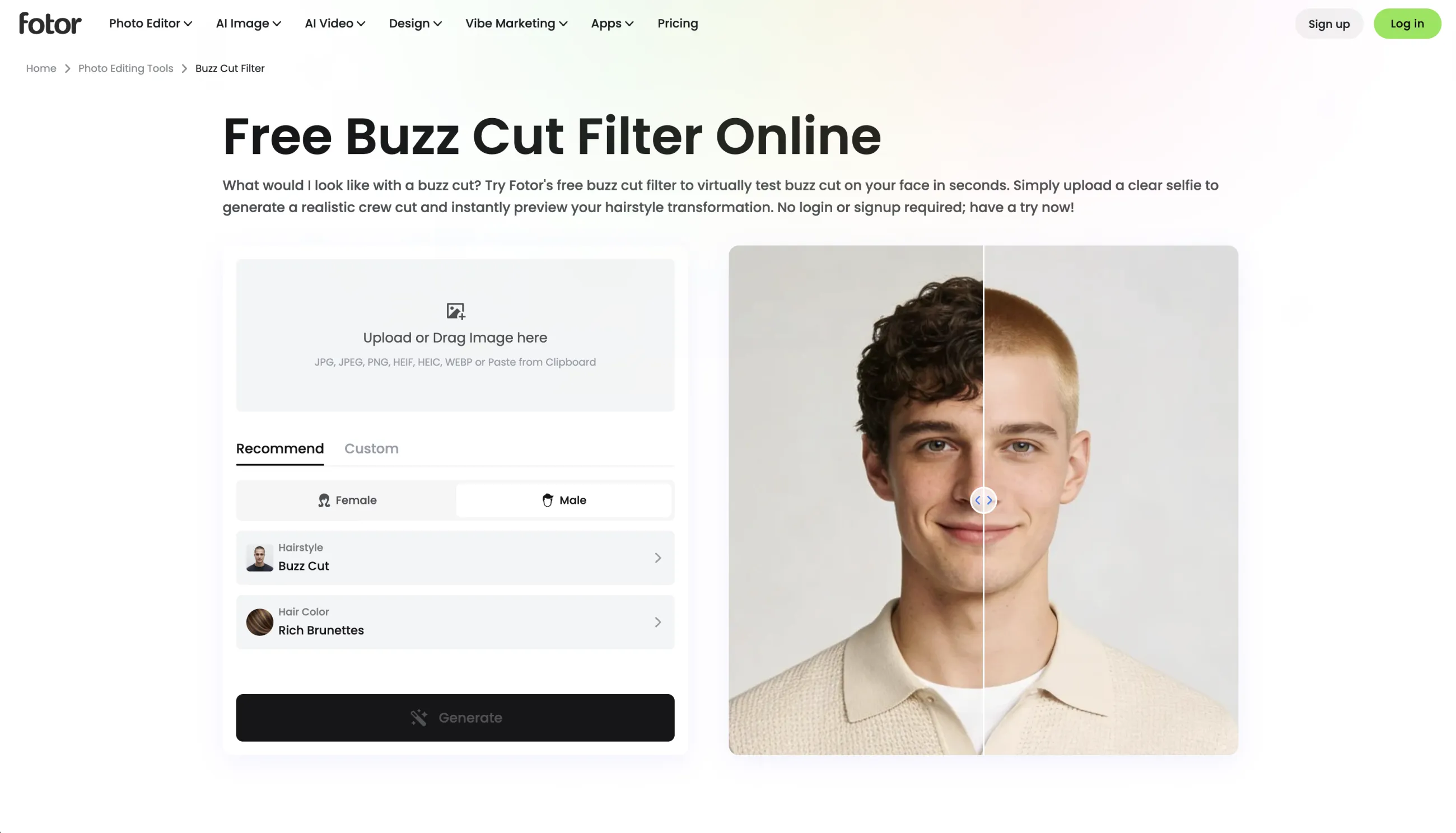 Fotor buzz cut filter page