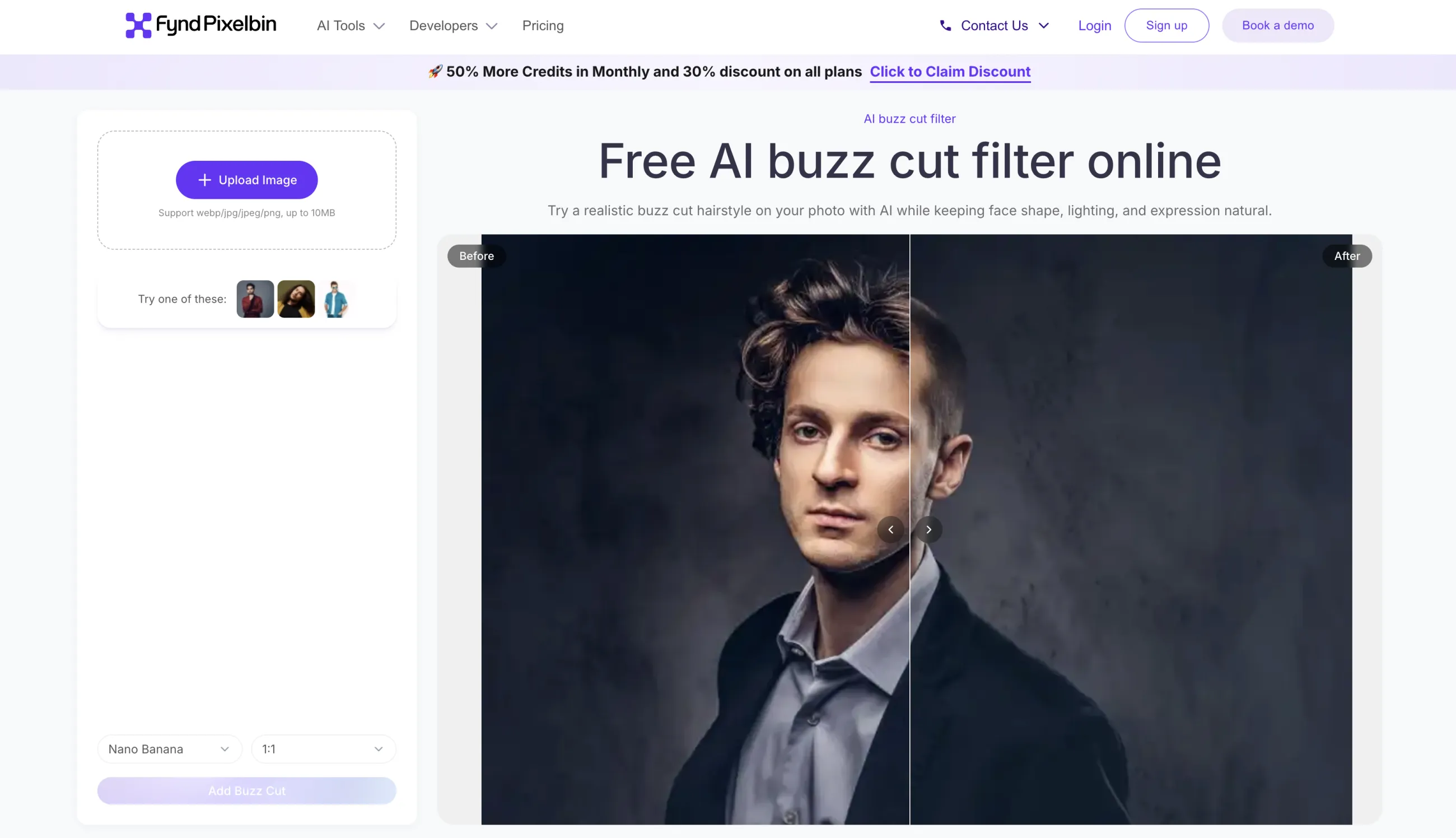 Pixelbin buzz cut filter page