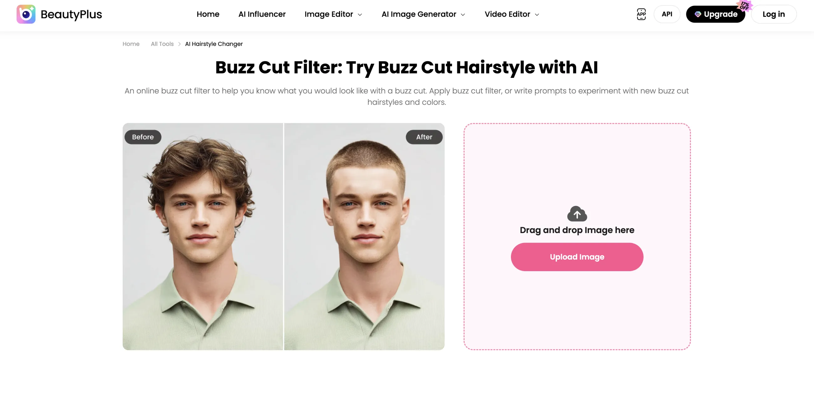 BeautyPlus buzz cut filter page