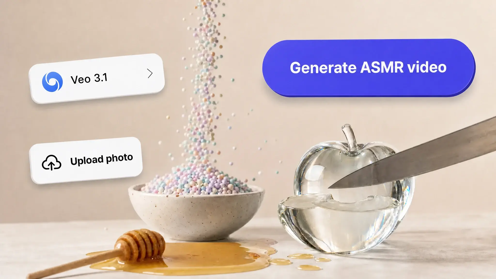 AI ASMR video generators — glass apple slice, pastel beads and honey pour