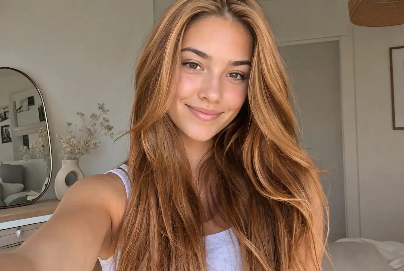 The same selfie in honey blonde — a warm golden shade with amber and light caramel variation between the strands