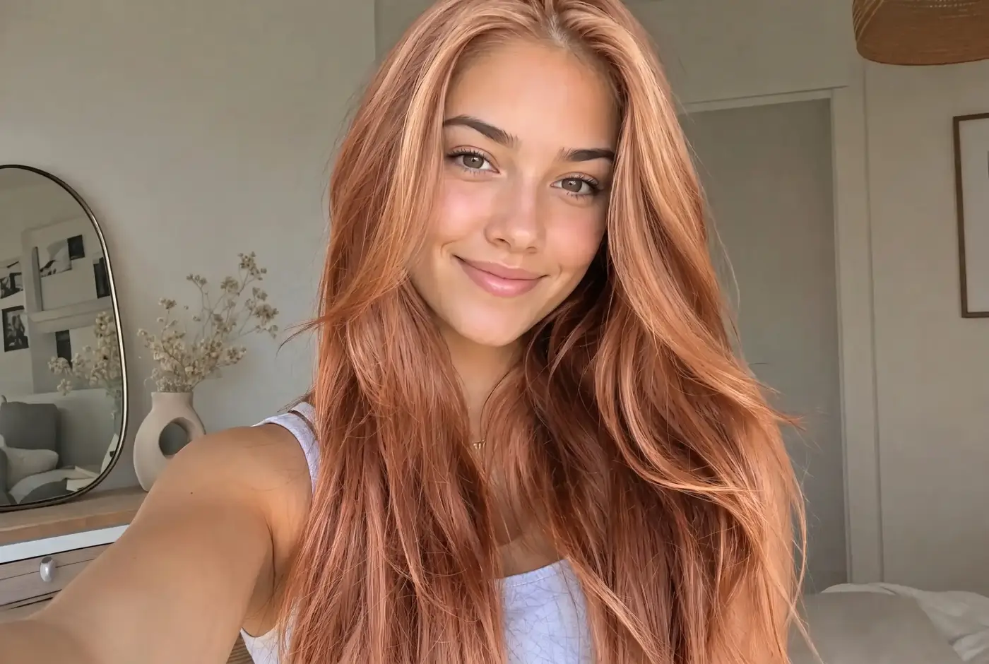 The same selfie in strawberry blonde — a soft rosy copper sitting between blonde and light red