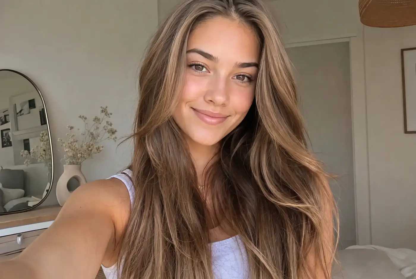 The same selfie in dark blonde — deeper roots blending into brighter beige and caramel mid-lengths and ends