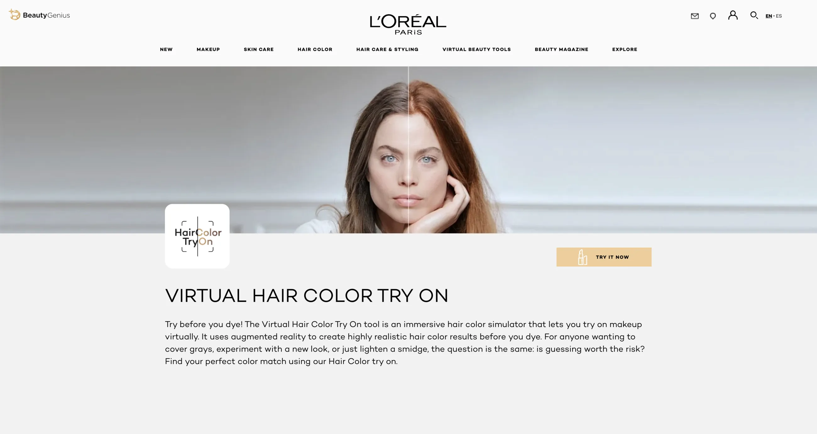 L'Oréal Paris Virtual Hair Color Try On page with a split before/after portrait and a 