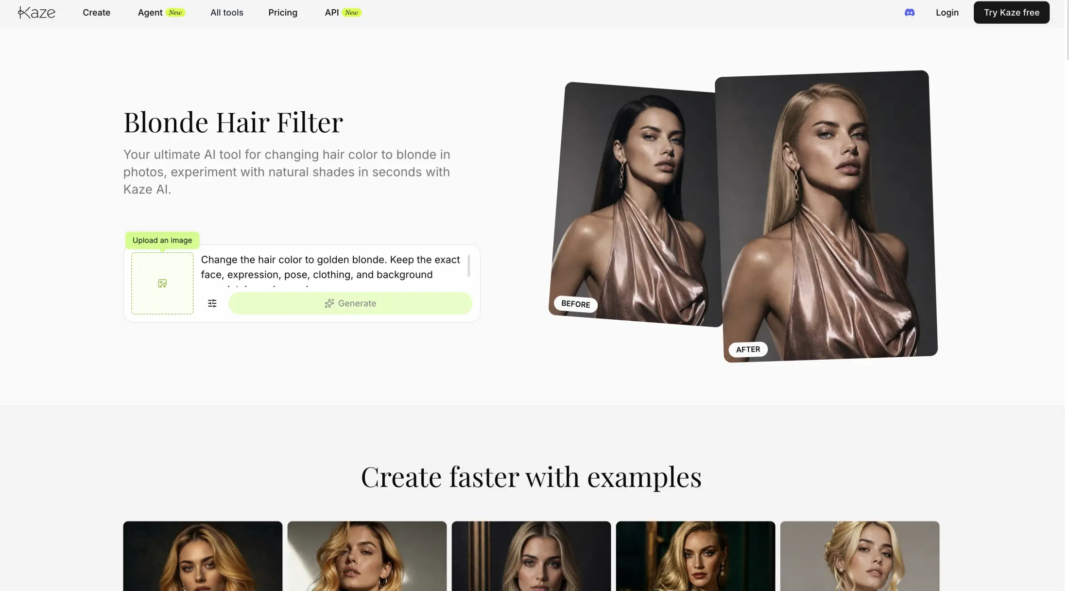 Kaze AI's Blonde Hair Filter page with an upload slot, a prompt box reading 