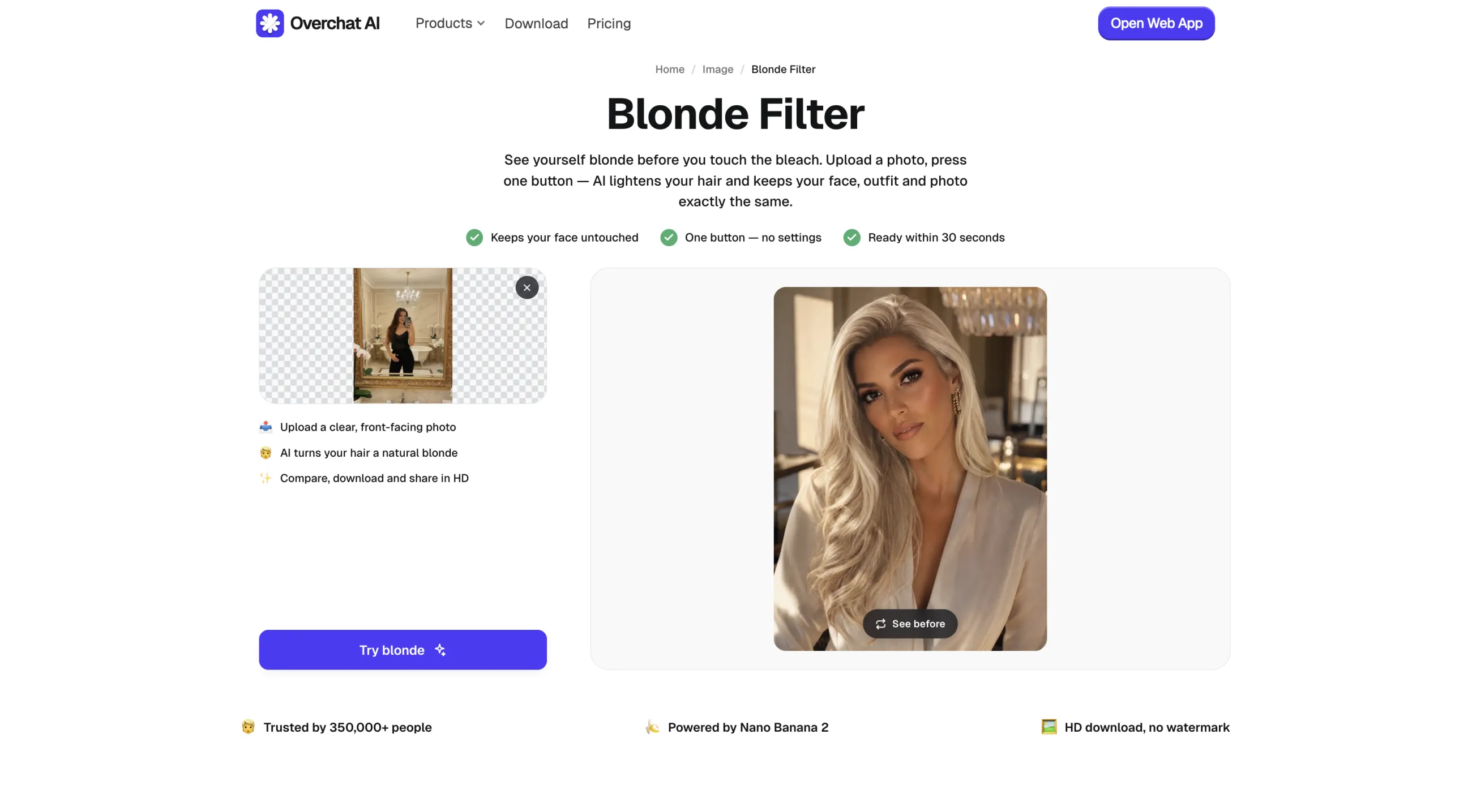 The blonde filter page with a user's mirror selfie attached in the upload slot, ready to process
