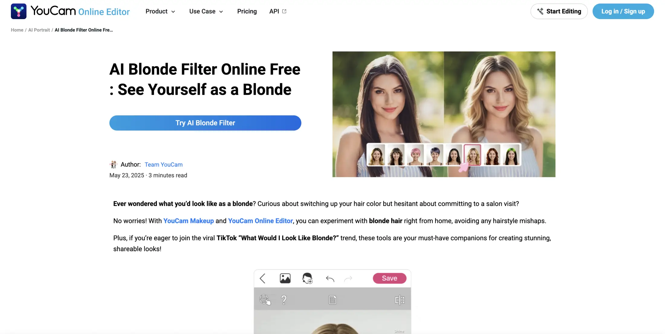 The YouCam Online Editor page for the AI blonde filter, showing a before-and-after portrait and a row of hair-color thumbnails