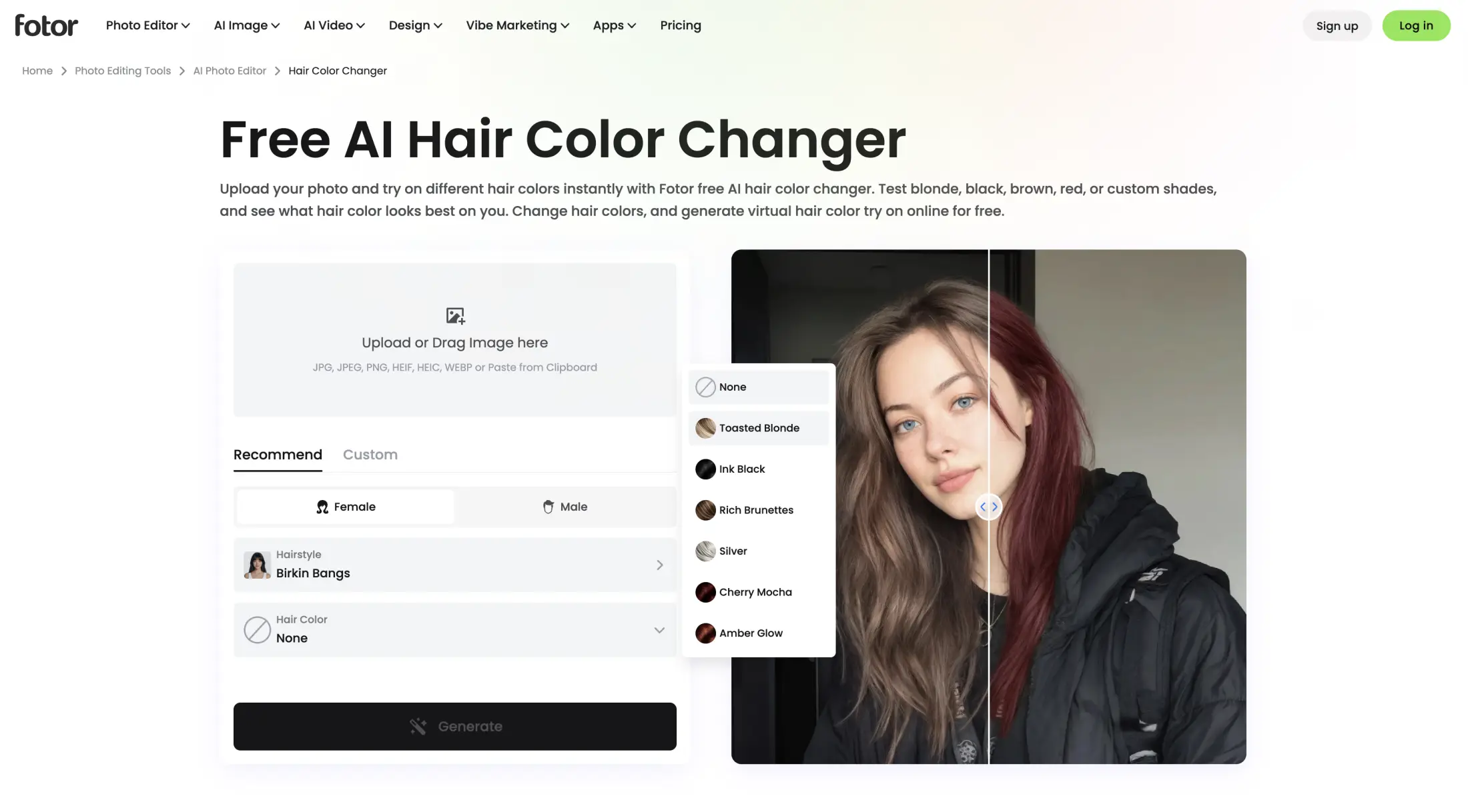 Fotor's Free AI Hair Color Changer with an upload panel, a hair-color dropdown listing Toasted Blonde and other shades, and a before/after slider on the preview
