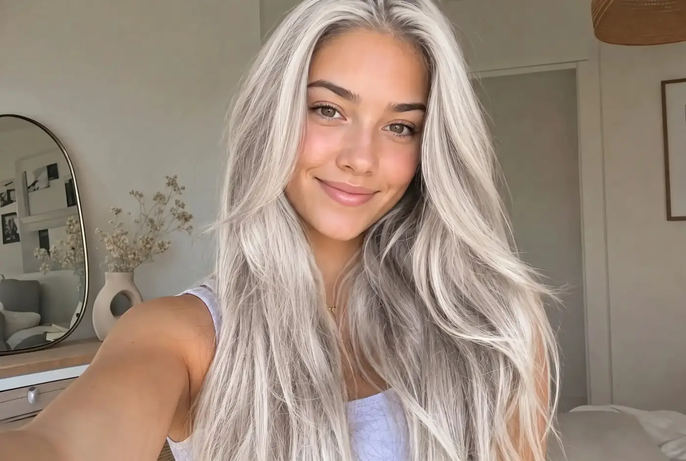 A selfie rendered in platinum blonde — an almost white, silvery shade with no warmth, set against dark eyebrows